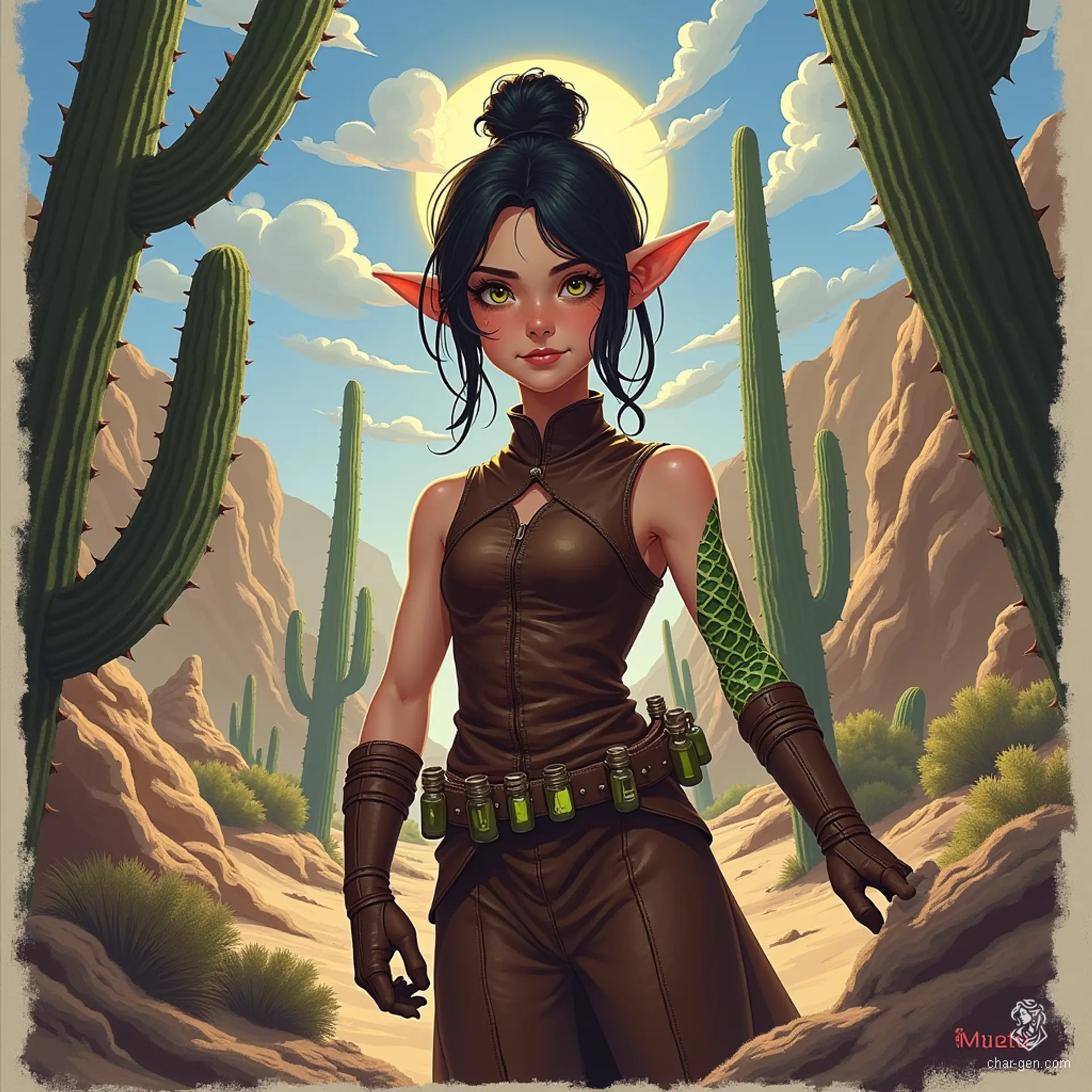 Izzy, a newly emancipated halfling assassin, is a perky yet lethal crossbow specialist. With snake-like yellow-green eyes and green scale tattoos, she embodies danger. Dressed in a tight brown tunic, she lurks in shadows, exuding competence and malice as she waits for her next target. 
