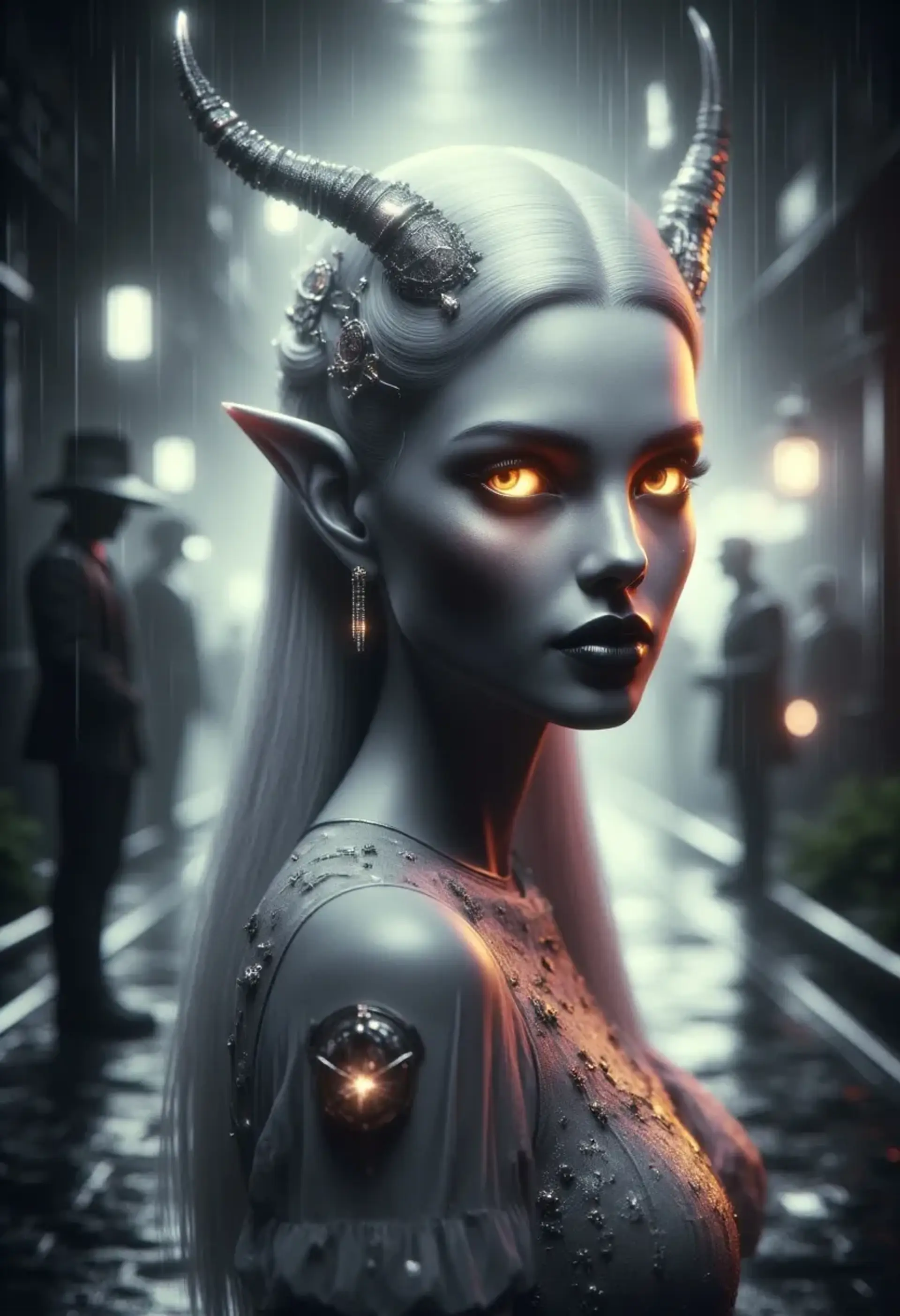 A radiant, ethereal fairy with pale skin, luminous yellow eyes, and delicate horns stands amidst a mystical woodland. Her long white hair adorned with crystals and silver-detailed dress shimmer softly, blending magic and elegance in a serene, otherworldly realm.