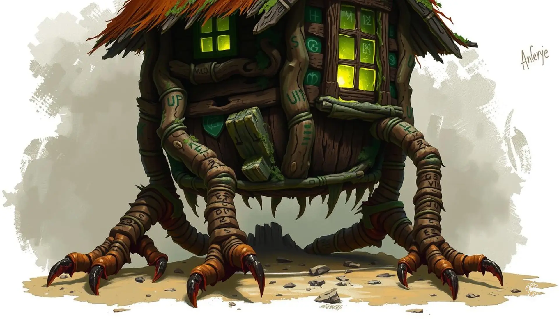 Baba Yaga's hut looms ominously on spindly, clawed chicken legs, clad in scales and sinewy knots. The ancient, moss-covered wooden structure gleams with glowing runes and eerie green light from its windows, as it strides menacingly through a dark, mystical landscape.
