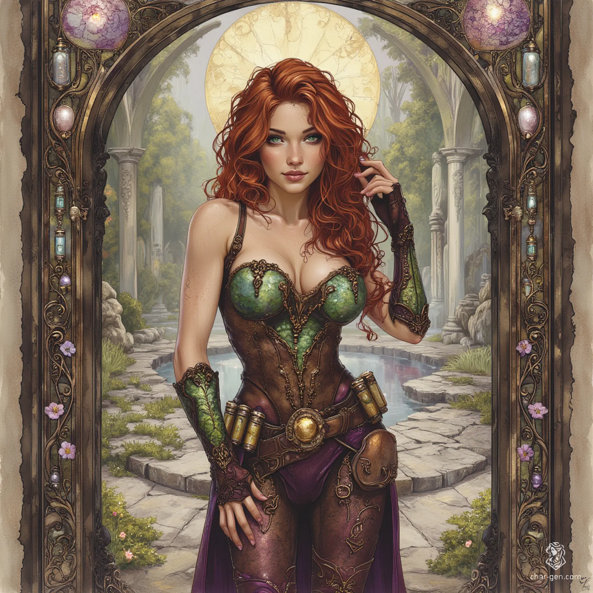 Izzy, a newly emancipated halfling assassin, commands attention with her striking yellow-green eyes and shimmering green-scaled arms. Clad in form-fitting brown leather armor, she wields a heavy crossbow, exuding a blend of dangerous competence and playful joy as she lurks in the shadows, ever watchful for her next target.
