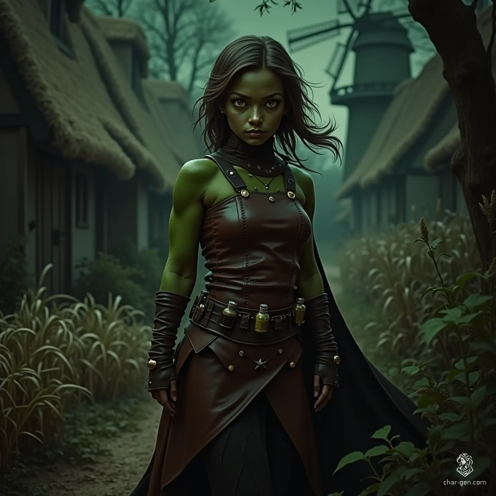 Izzy is a cunning halfling assassin, standing 1.5 meters tall, with short athletic limbs and olive skin. Her yellow-green snake-like eyes gleam beneath a bun of dark hair. Clad in tight brown leather armor and armed with poisons and daggers, she exudes a thrilling mix of malice and joy, patiently hunting her prey from the shadows.