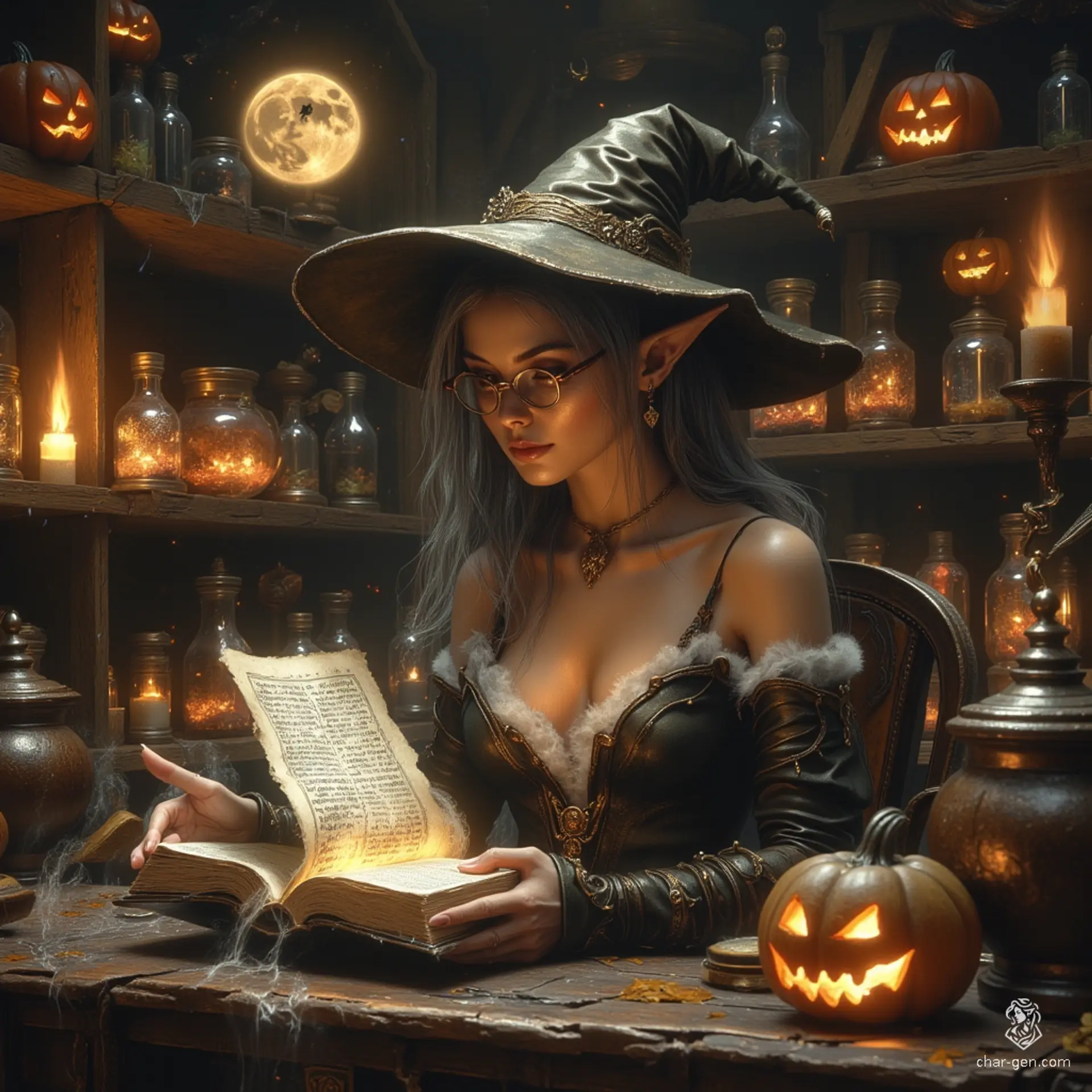 Maryam, the Apothecary Witch, is a graceful, older elf with tanned skin and streaked hair pulled into a loose ponytail. Her inquisitive topaz eyes shine behind rimless spectacles as she delves into her tome, exuding competence and care. A tiny ghostly spider familiar hovers near her, embodying the cozy yet mystical atmosphere of her alchemical lab.