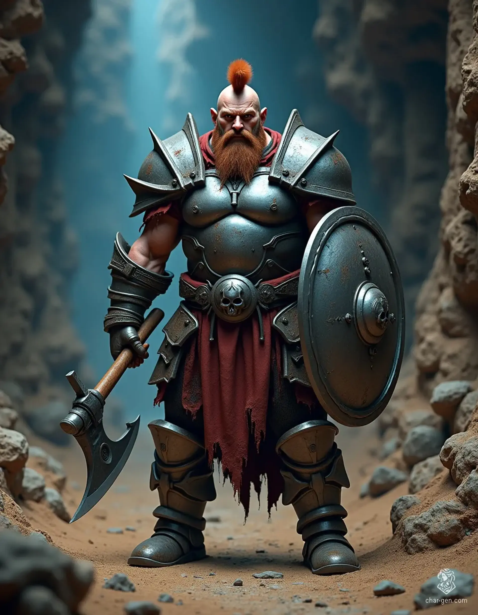 A young male dwarf paladin, radiating a dignified, protective aura. Clad in worn, silver mithral plate armor over crimson garments, he wields a battle axe and shield, his mohawk crowned beneath a skull helm. Dusted from mining, he stands ready in magic-lit action.