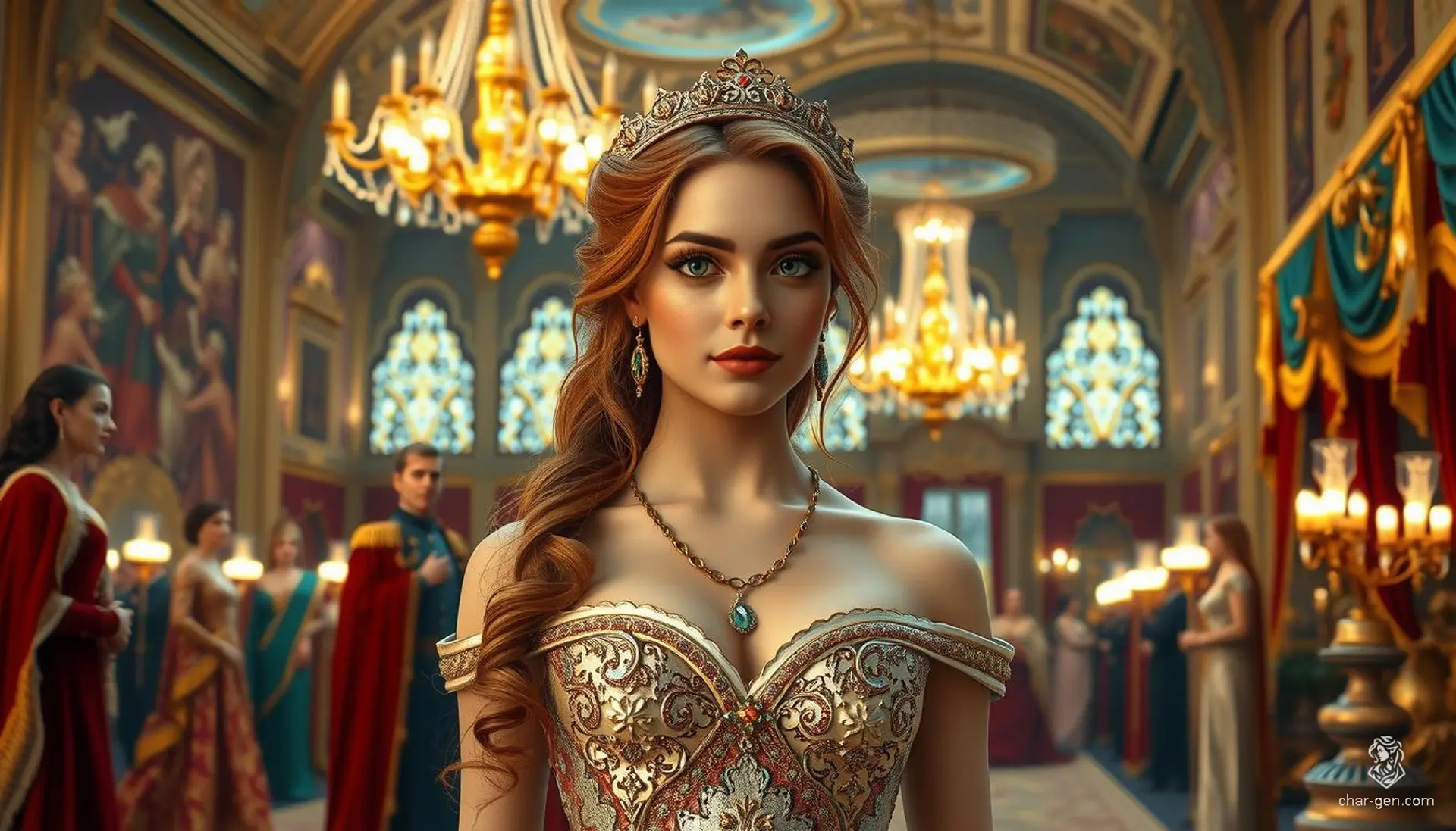 In a majestic crystal ballroom, illuminated by chandeliers, a copper-haired maiden glides gracefully. The room, draped in rich velvets and golds, echoes with the soft murmur of nobles and the delicate strains of an enchanted waltz.