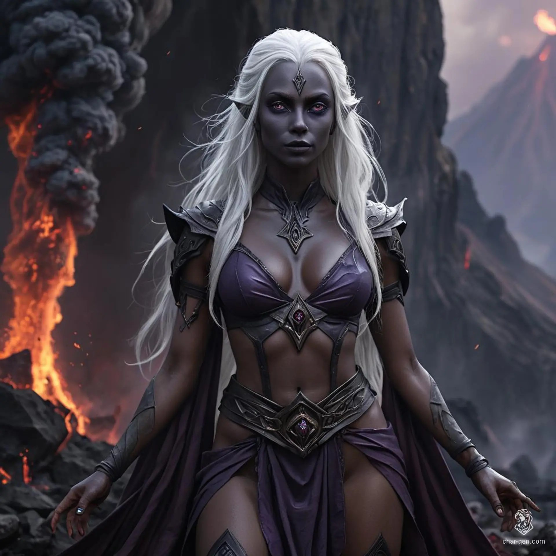 A striking female drow monk with a calm expression, fluid posture, and a toned physique. Her tan skin contrasts sharply with her long, bright white hair. She has mesmerizing purple eyes and exudes an aura of serene strength.