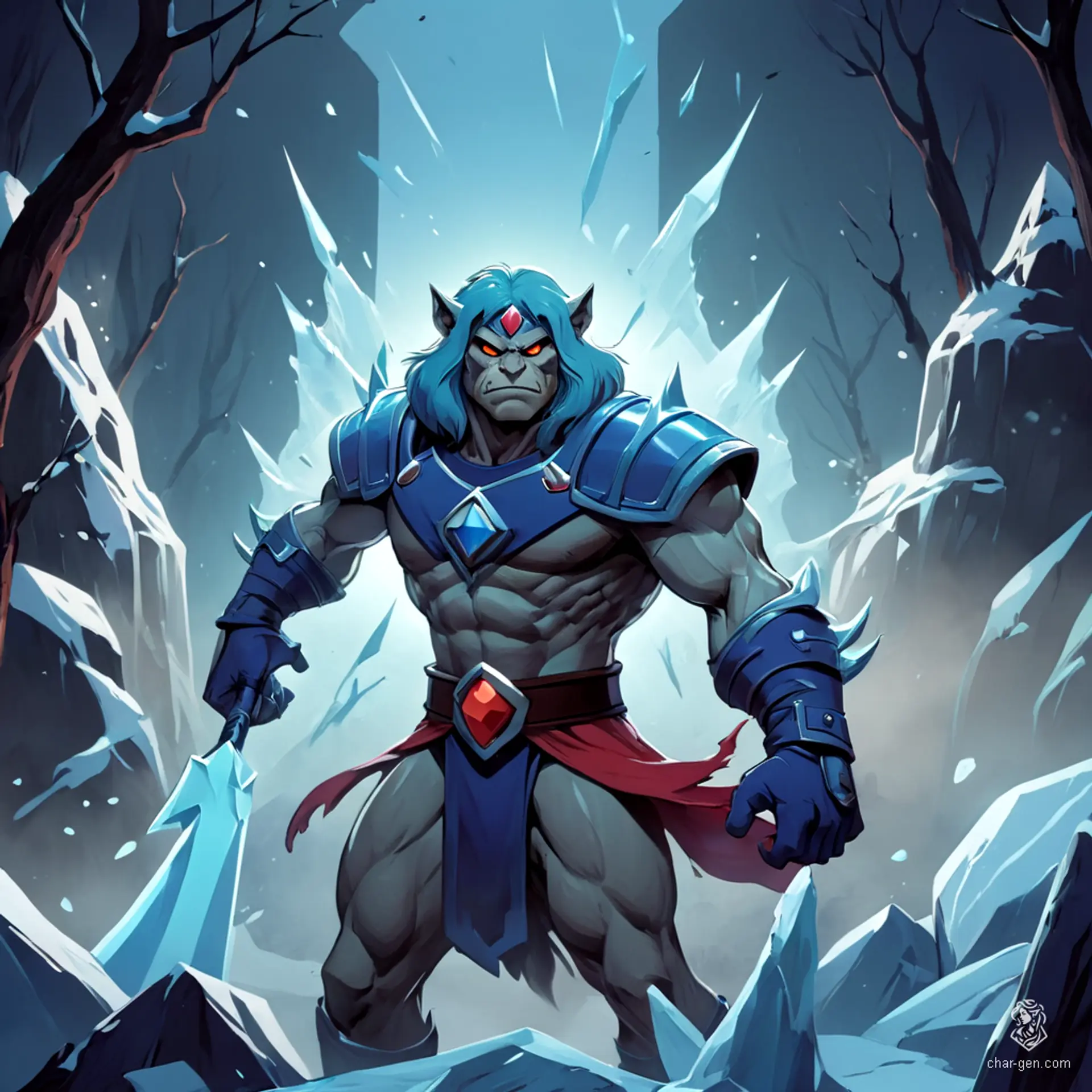 Meet Frostax, the Sorcerer of the Glacial Realms! With exaggerated features and a muscular frame, he wields ice magic in vibrant color. Inspired by 80s cartoons, he battles foes with dramatic poses, showcasing bold outlines and nostalgic charm, all set against simple, enchanted backgrounds.