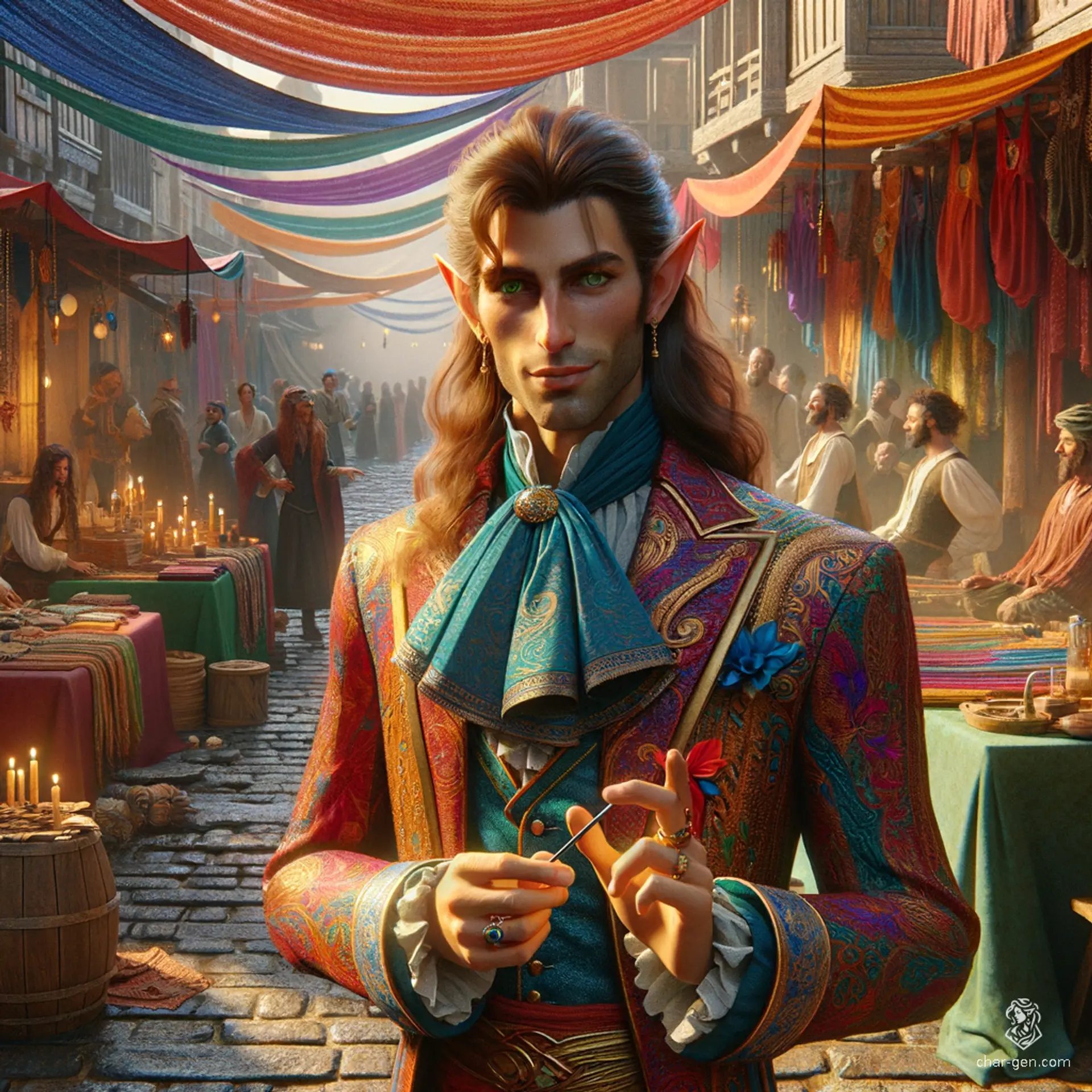 A flamboyant half-elf charlatan with a ponytail, he dazzles crowds with tricks and sells fake remedies, thriving on the gullibility of his audience. He captivates his marks with charismatic charm and vibrant, eye-catching attire.