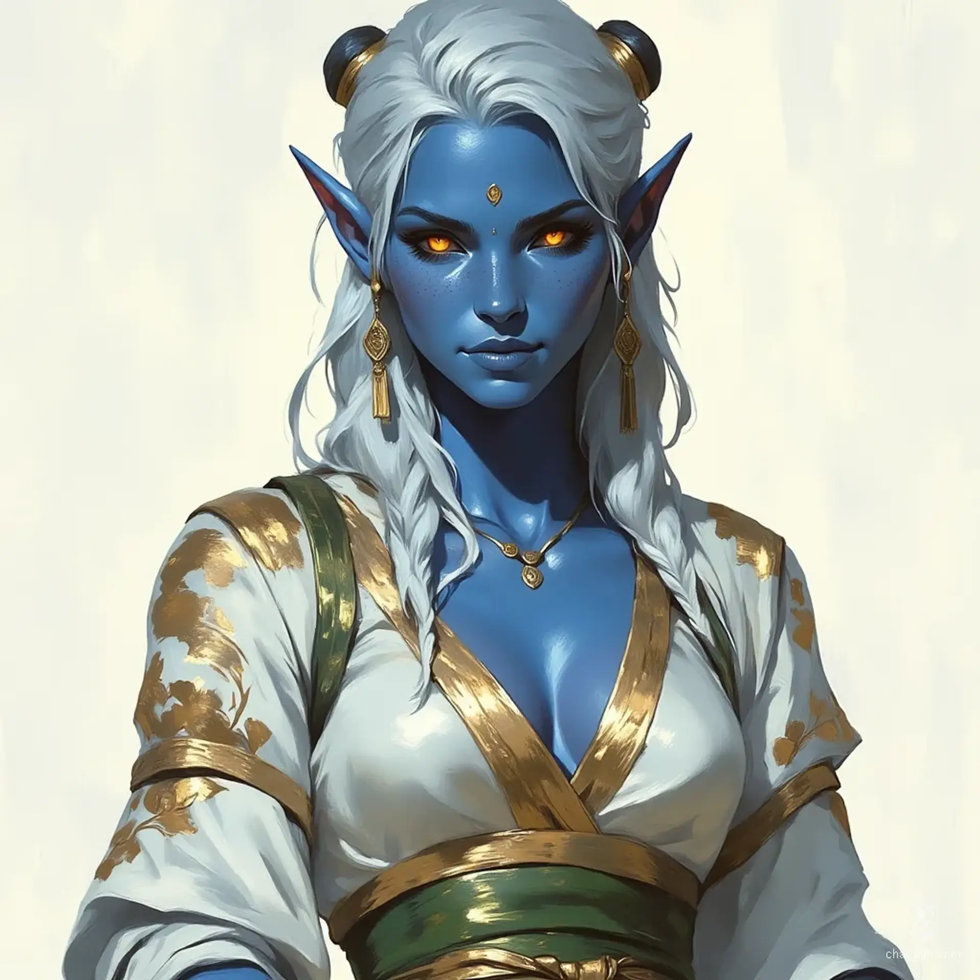 A captivating middle-aged elf dancer, she boasts striking pale blue skin and flowing silver hair styled in a messy bun. Her enchanting pale blue eyes draw attention beneath pointed ears. Adorned in a richly patterned robe with a cinched green sash and elegant shoulder tassels, she radiates maturity and allure.