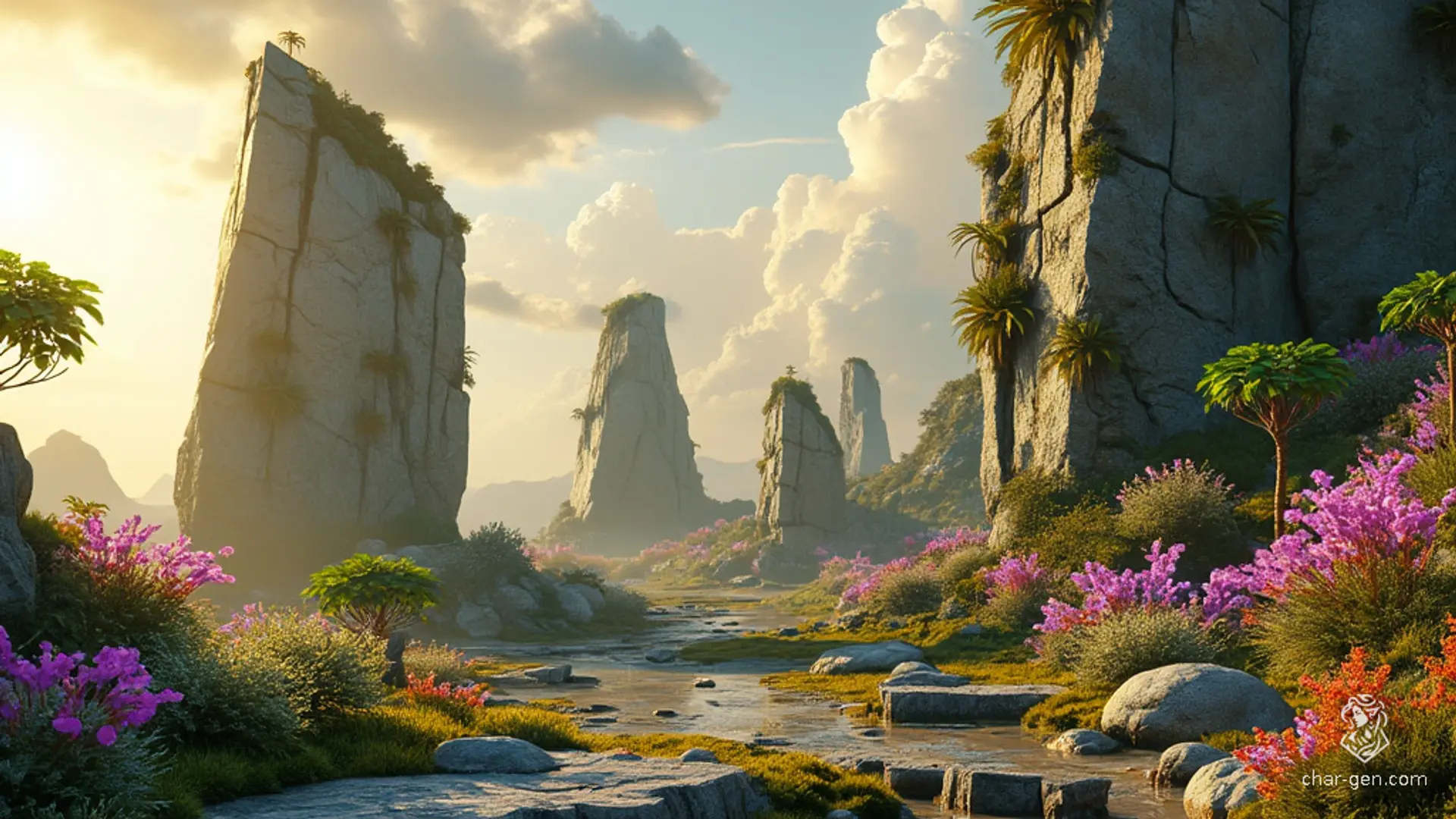 A serene alien world unfolds with colossal stone slabs jutting dramatically from the ground, creating a dynamic labyrinth. Lush, glowing flora adorns these ancient stones, basking in warm, golden sunlight. Fluffy clouds cast shifting shadows, while a gentle breeze carries the scent of alien blossoms, infusing tranquility throughout the landscape.