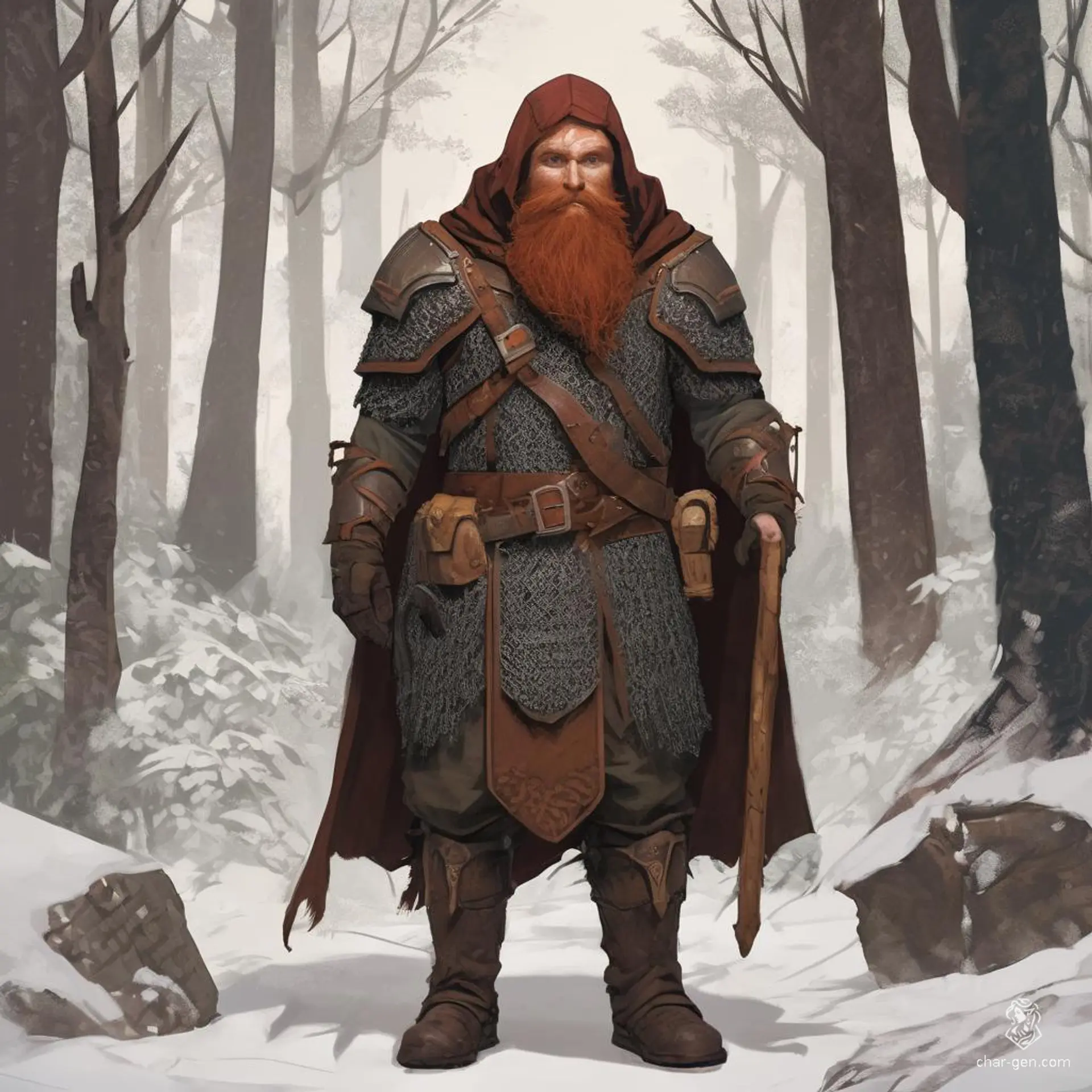 A rugged male dwarf hunter stands in the heart of an ancient forest, his medium red hair and bushy beard blending with the autumn leaves. Clad in durable chainmail armor beneath a worn brown cloak and hood, he exudes a fierce determination, ready to track his prey through the shadows.
