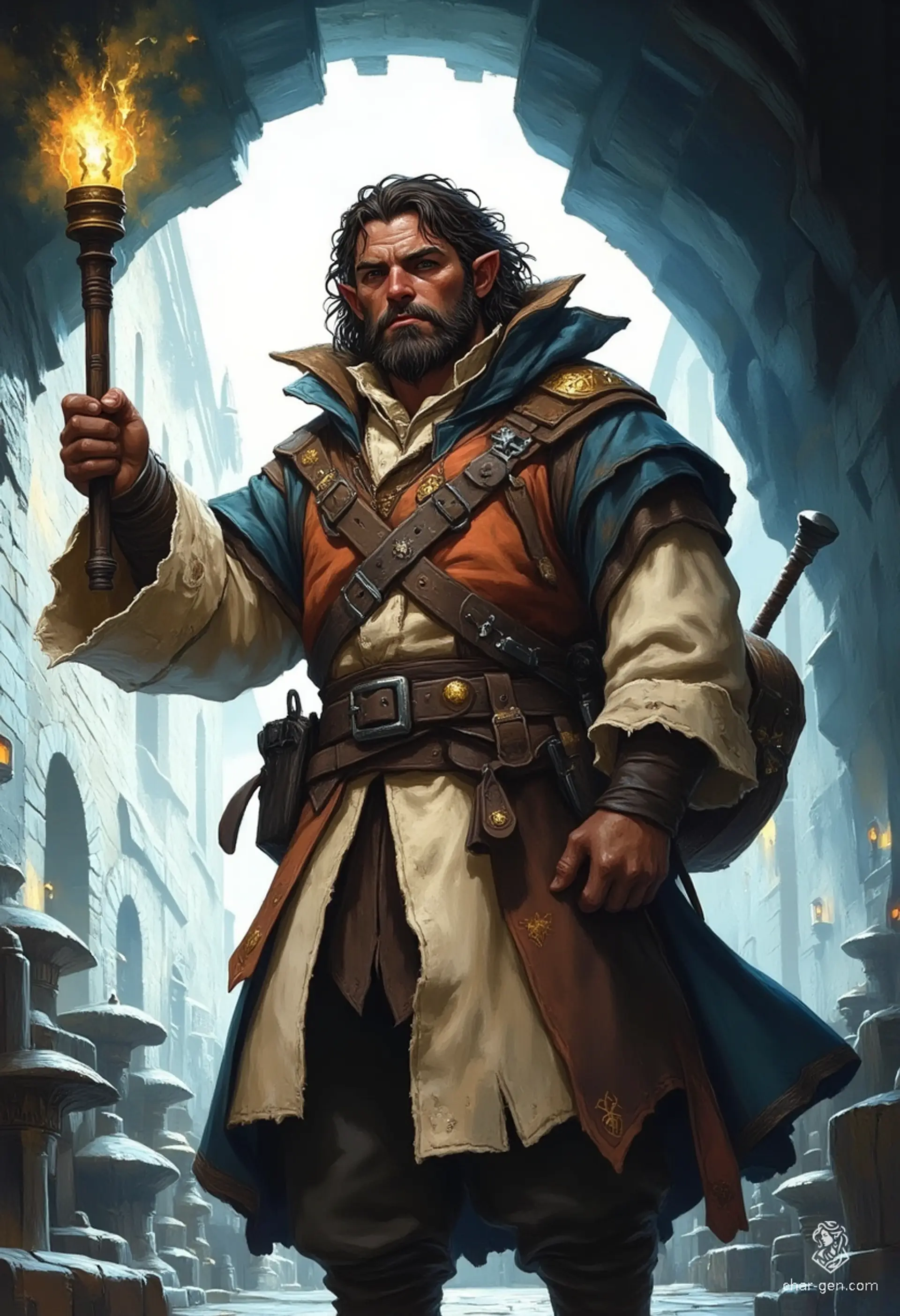 A male warlock with long hair and a medium complexion, cloaked in arcane sigils and an aura of magic, expertly navigates the underbelly of the realm as a smuggler. His unique artifact, Gratis Rollenspieltag, conceals hidden compartments for transporting contraband.