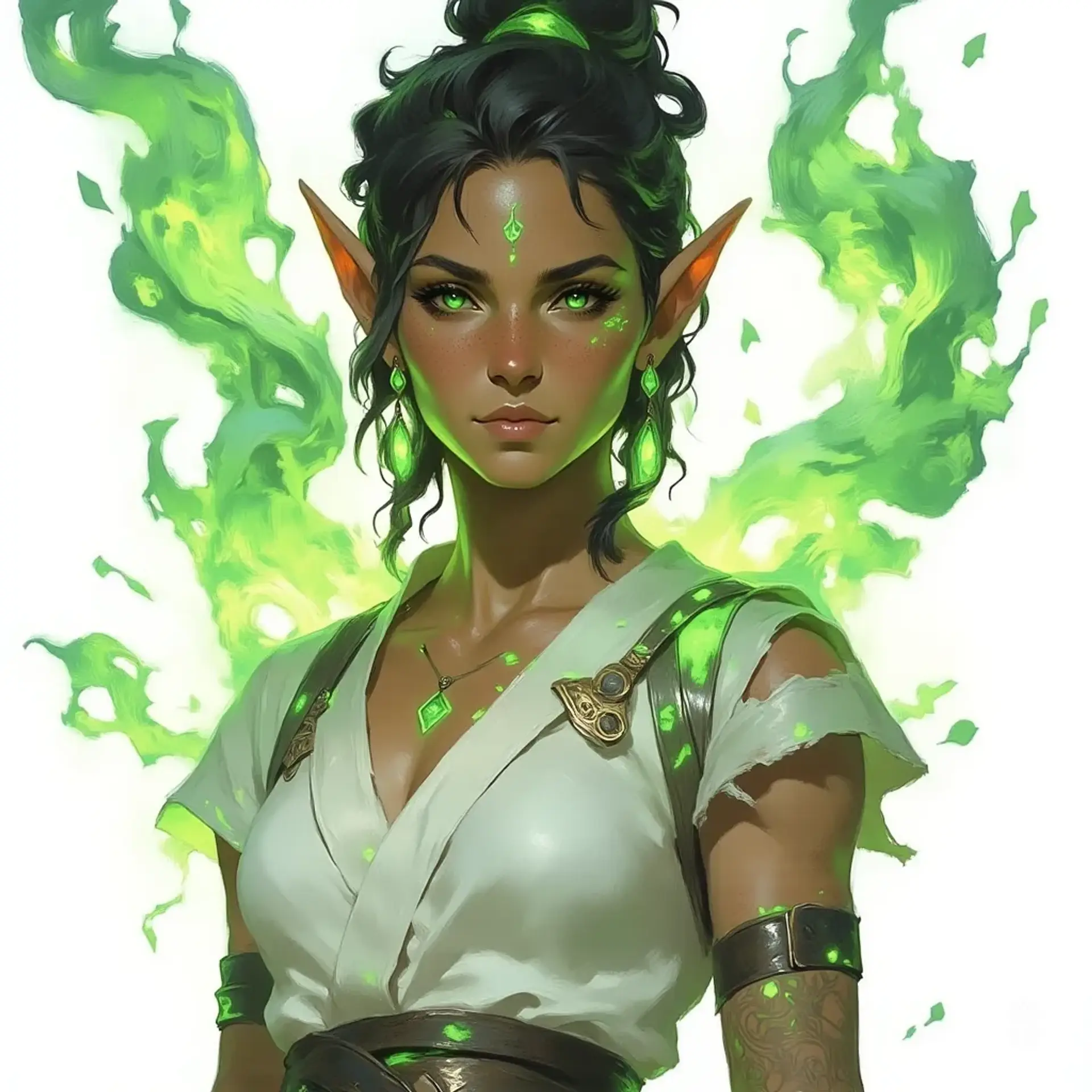 A captivating middle-aged elf with pale skin and flowing inky black hair adorned with a green ribbon, she wears a frayed white tunic that hints at her weary journey. Intricate body tattoos tell stories of the past, while her tired expression reflects both wisdom and enduring strength.
