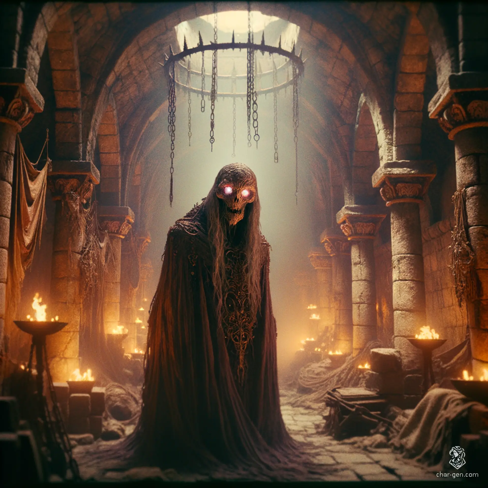 An Alhoon is an undead mind flayer, featuring a skeletal body cloaked in tattered purple robes. Its luminescent eyes pierce the darkness, revealing a creature that has traded its flesh for forbidden necromantic power.