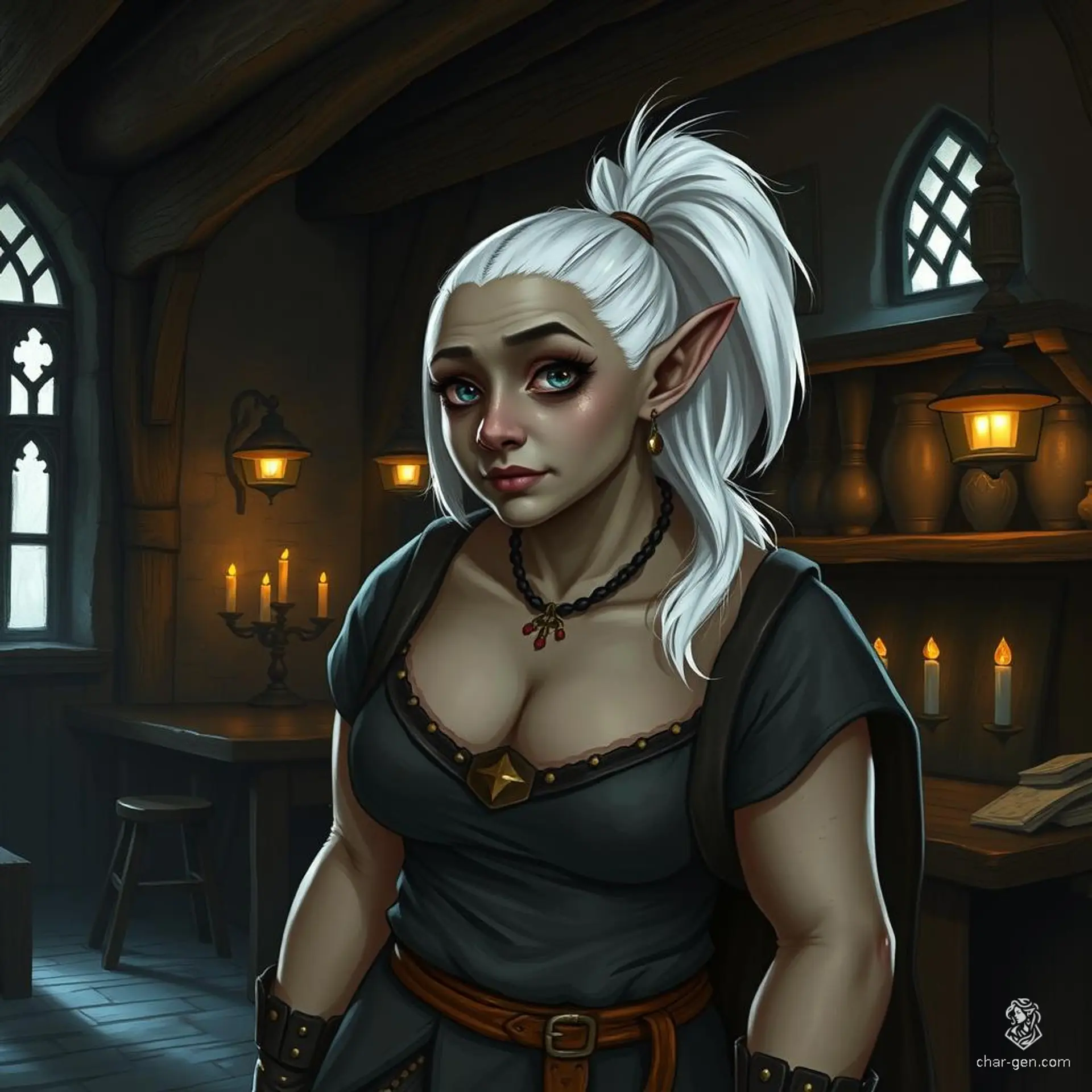 In a dimly lit medieval tavern, an intriguing Duergar dwarf woman commands attention. Her gray skin, adorned with a low-cut gray dress, hints at her bold personality. With shaved sides and a striking white ponytail, her presence blends allure and mystery, captivating all who dare glance her way.