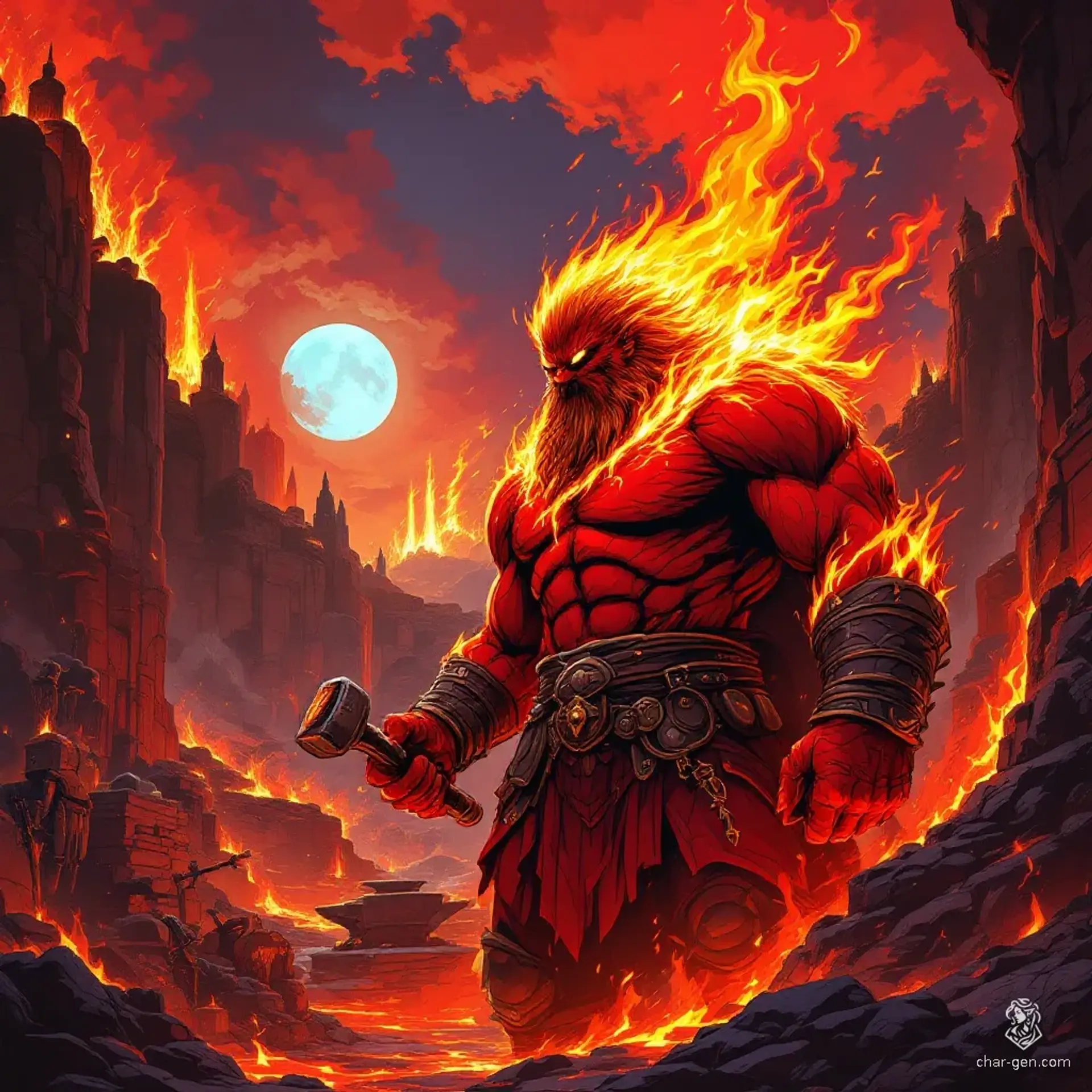 A wild and rugged barbarian, this red-skinned fire giant serves as a formidable armorer to nobility, crafting suits of armor amid blazing forges. Intense, glowing eyes and flames emanate from its fiery skin as it guards fiercely, surrounded by hammers and anvils.