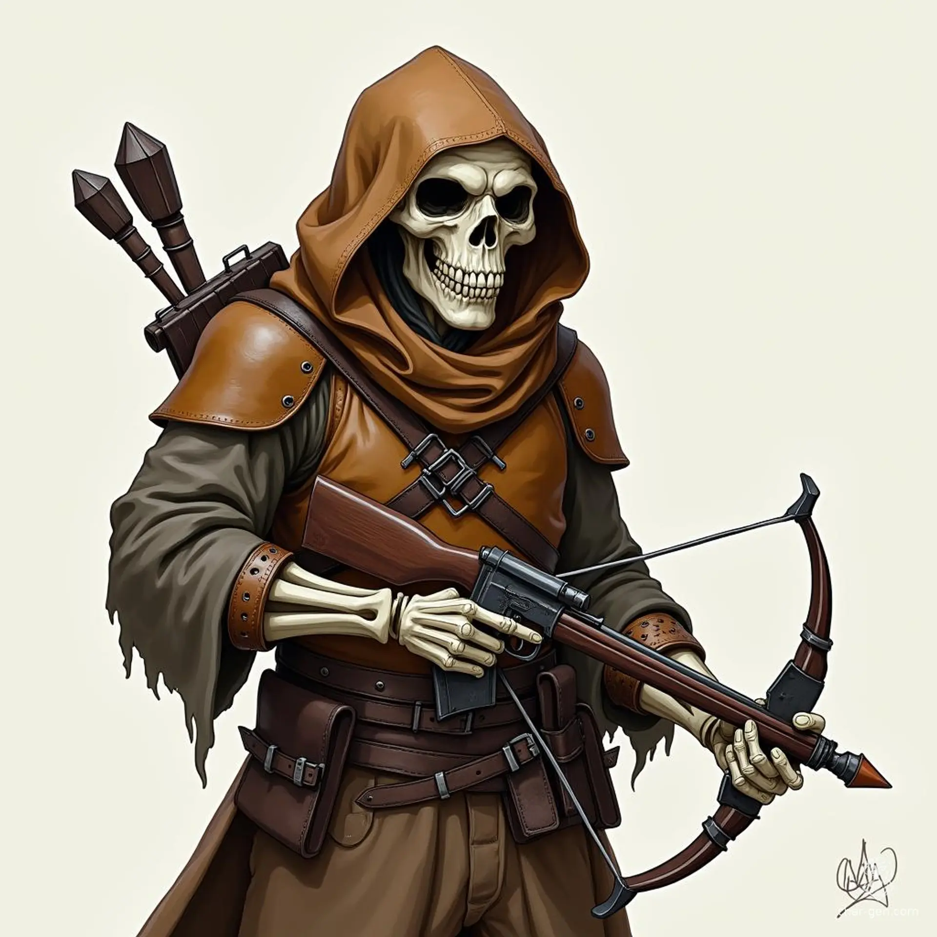 Simon, the skeletal halfling investigator, navigates the shadows with keen intellect and stealthy grace. Clad in worn leather armor and armed with a precise hand crossbow, his insatiable curiosity drives him to uncover the darkest secrets of the realms, even from beyond the grave.