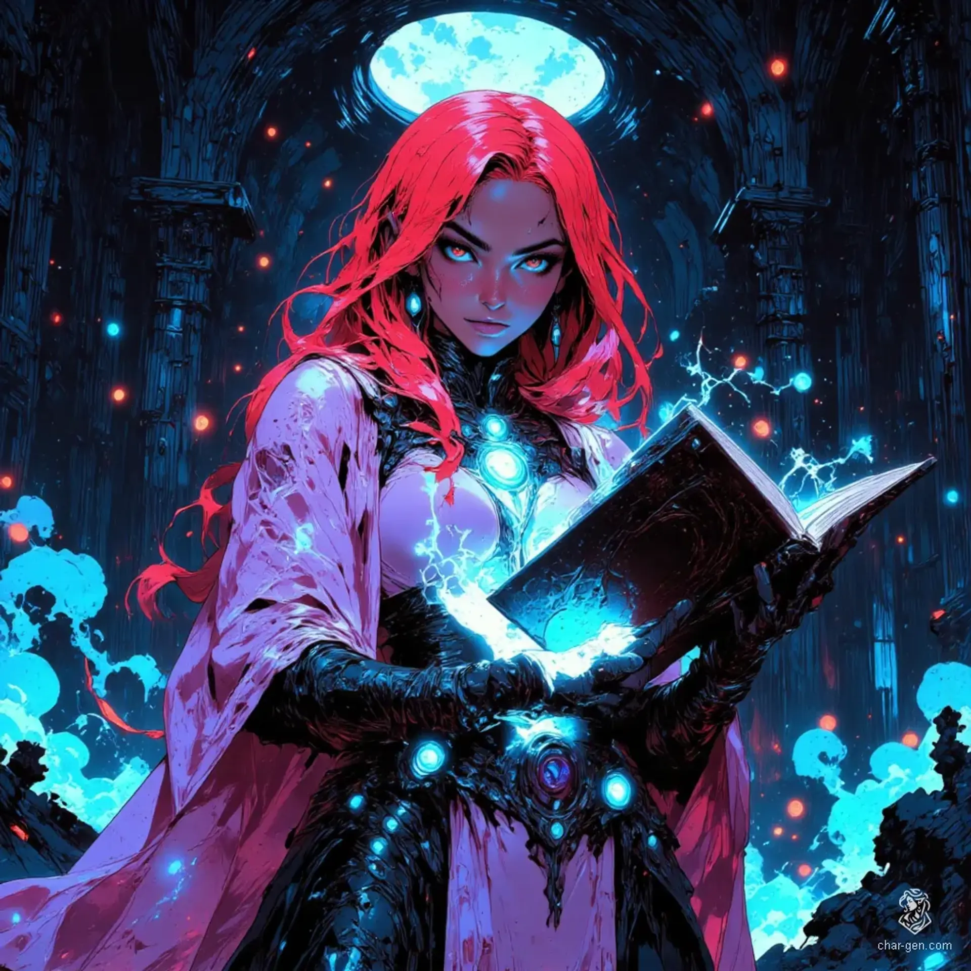 Jewel, a Stardust Elemental priestess, radiates ethereal mystery with her flowing, multicolored hair and shimmering priestess regalia. Her aqua blue eyes gleam with hidden knowledge, while her mottled dark purple and blue skin hints at her otherworldly nature as she navigates her cathedral's lush grounds, a glowing tome in hand.