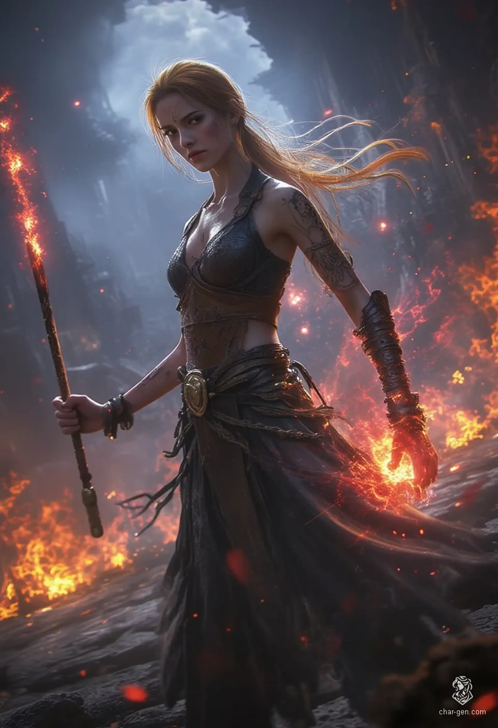 Aleira Emberstorm is a formidable young fire wizard, clad in intricately rune-etched leather armor over a sleek black leotard. With flowing orange hair and a staff radiating red magical energy, she exudes serene determination, embodying fierce devotion to the flames and arcane mastery.