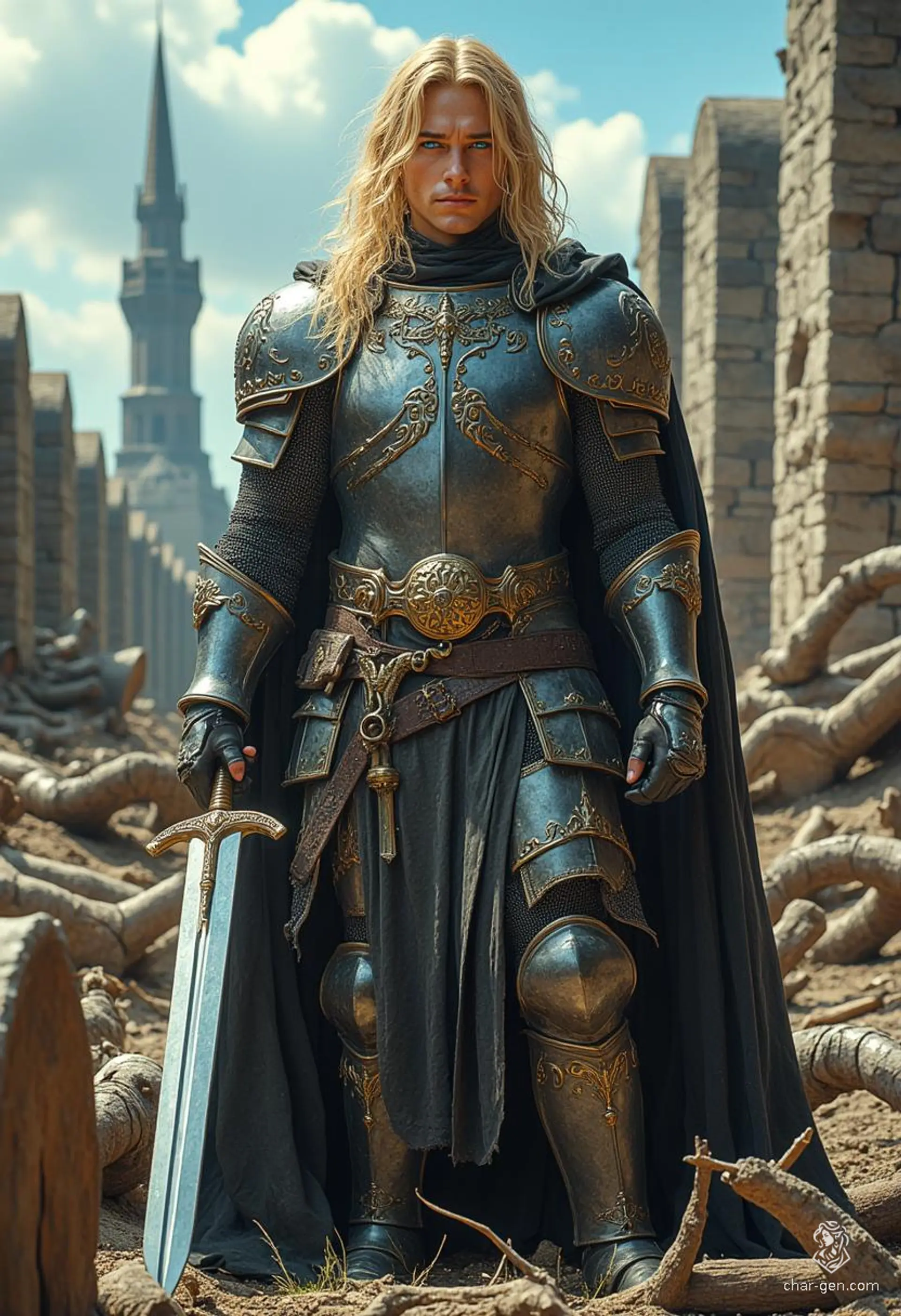 Logan, a noble paladin of House Falendar, stands tall at 6'2" with fair skin and long blond hair. Driven by a desire to avenge his family, he wields a dagger and a family heirloom longsword with unwavering honor. With sharp blue eyes, he fights fiercely for the defenseless.