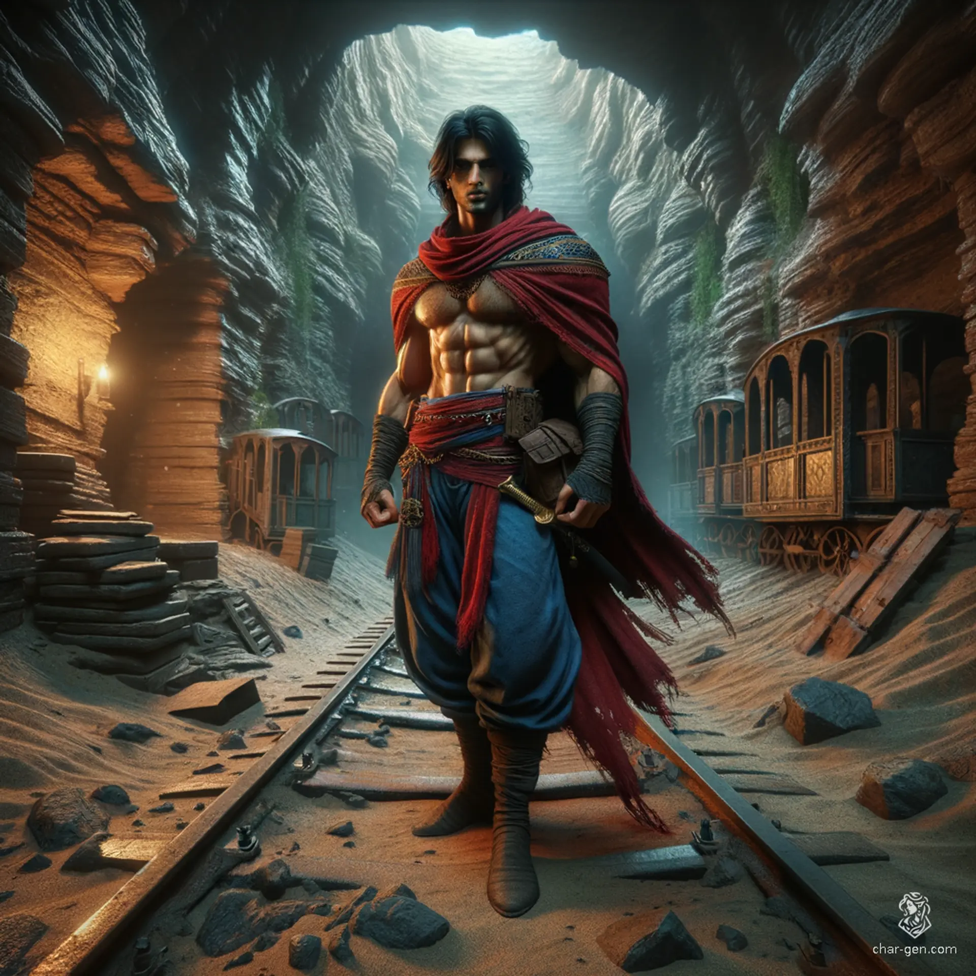 A muscular human with long, thick black hair and an equally impressive chest mane, he commands attention with his chiseled jawline and rugged beard. Dressed in a casual red cloak and blue pants, he embodies strength and casual style, standing poised and ready for action.