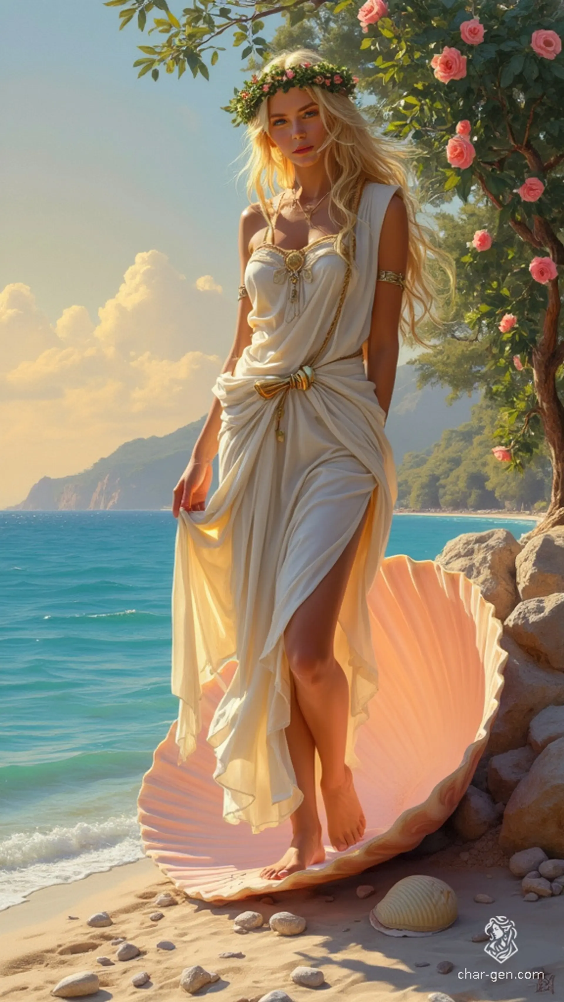 Aphrodite, depicted as a graceful half-elf bard, stands in a contrapposto stance on a large seashell. With golden blonde hair flowing in Renaissance style, she holds a magical instrument and wraps herself in a translucent chiton, her serene gaze reflecting divine beauty and introspection.