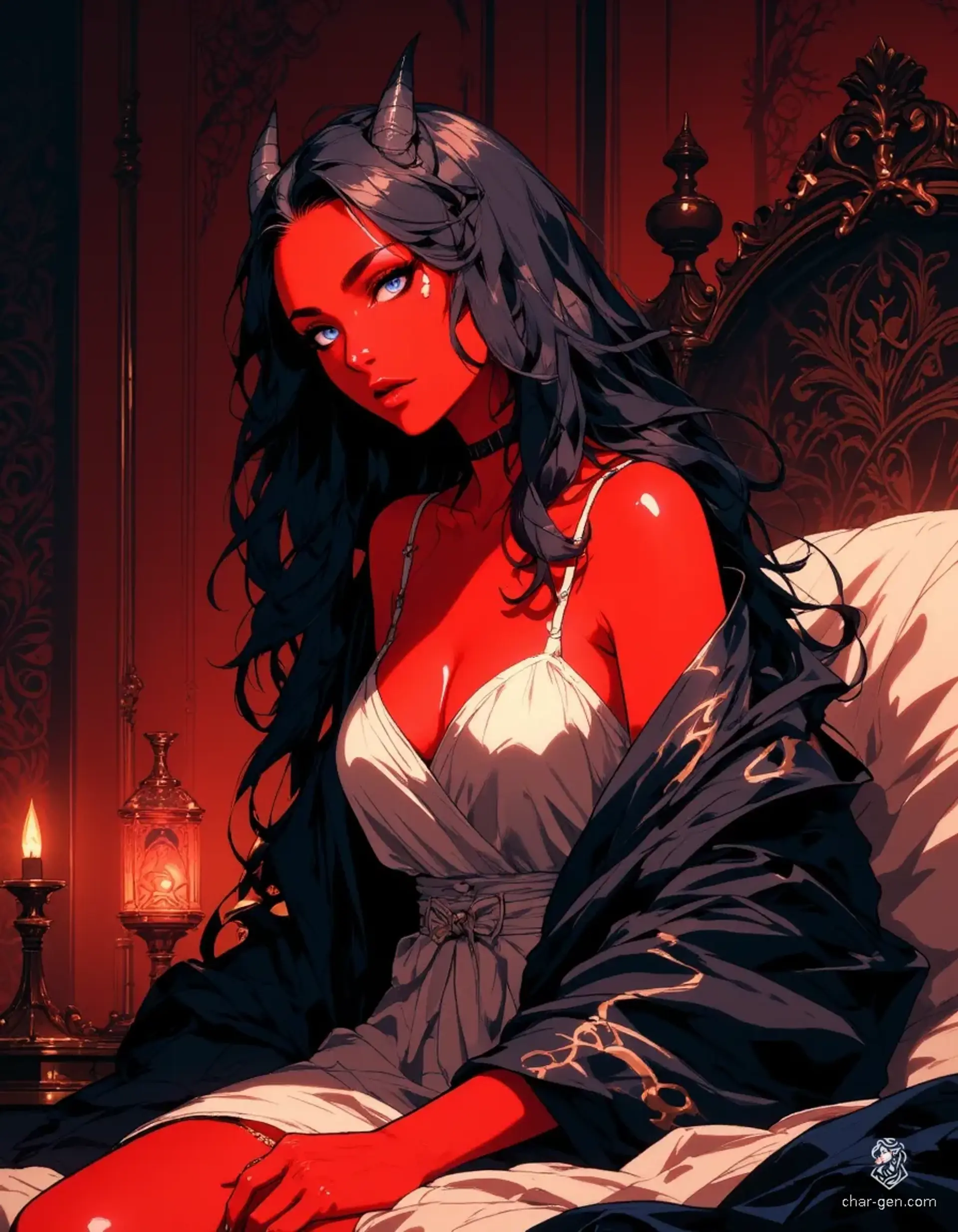 Mejia, a mesmerizing tiefling rogue, blends beauty and stealth. Her glossy red skin, delicate features, and petite frame are captivating, enhanced by her deep cornflower blue eyes and long jet-black hair. Cloaked in a loosely fastened black silk robe, she exudes an air of mystery and allure.
