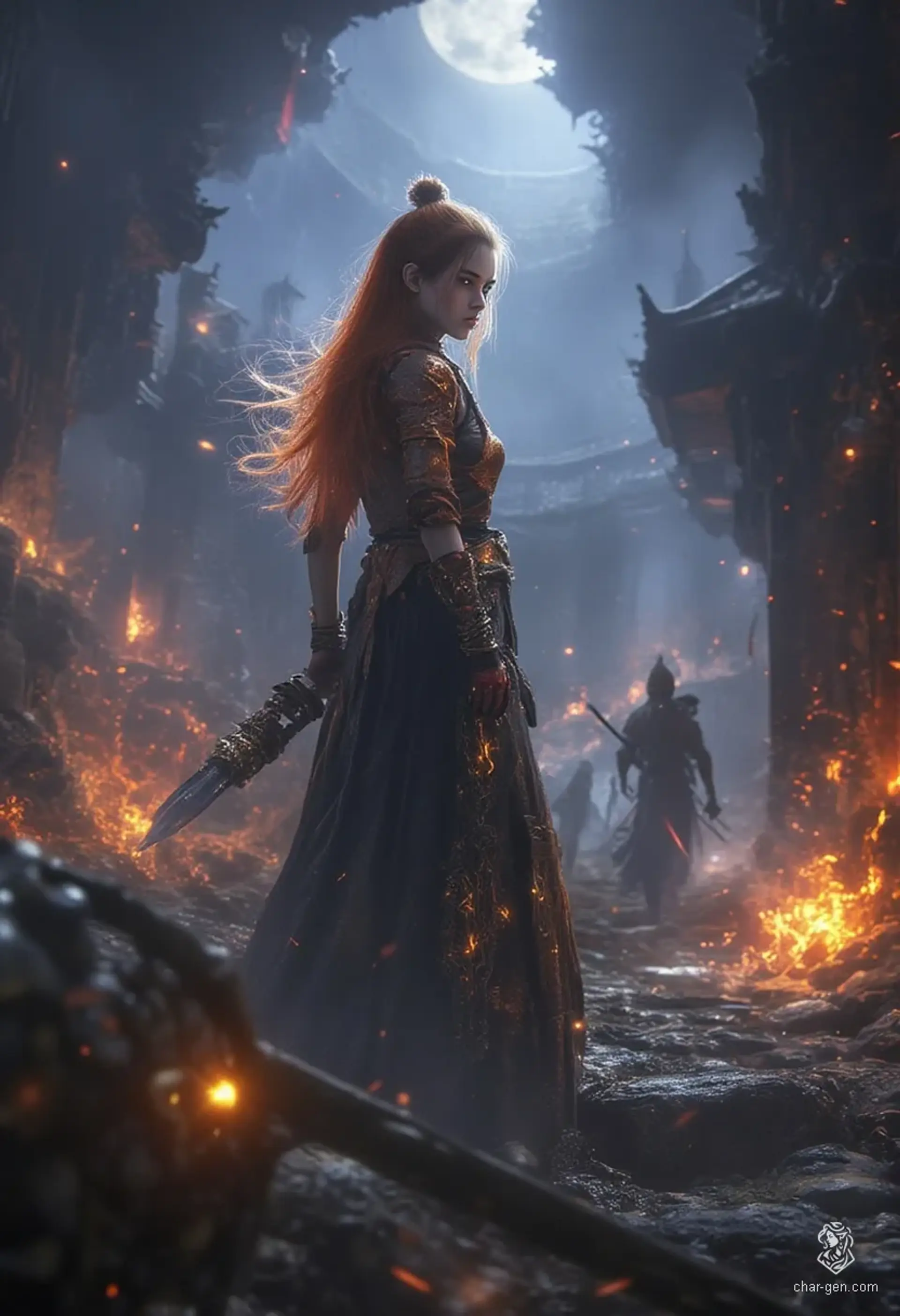 Amelia, a resolute young cleric clad in gleaming copper armor adorned with glowing runes, wields a radiant magical mace. Her flowing light orange hair and serene expression reflect both divine grace and unwavering determination in a richly detailed, mystical fantasy world.