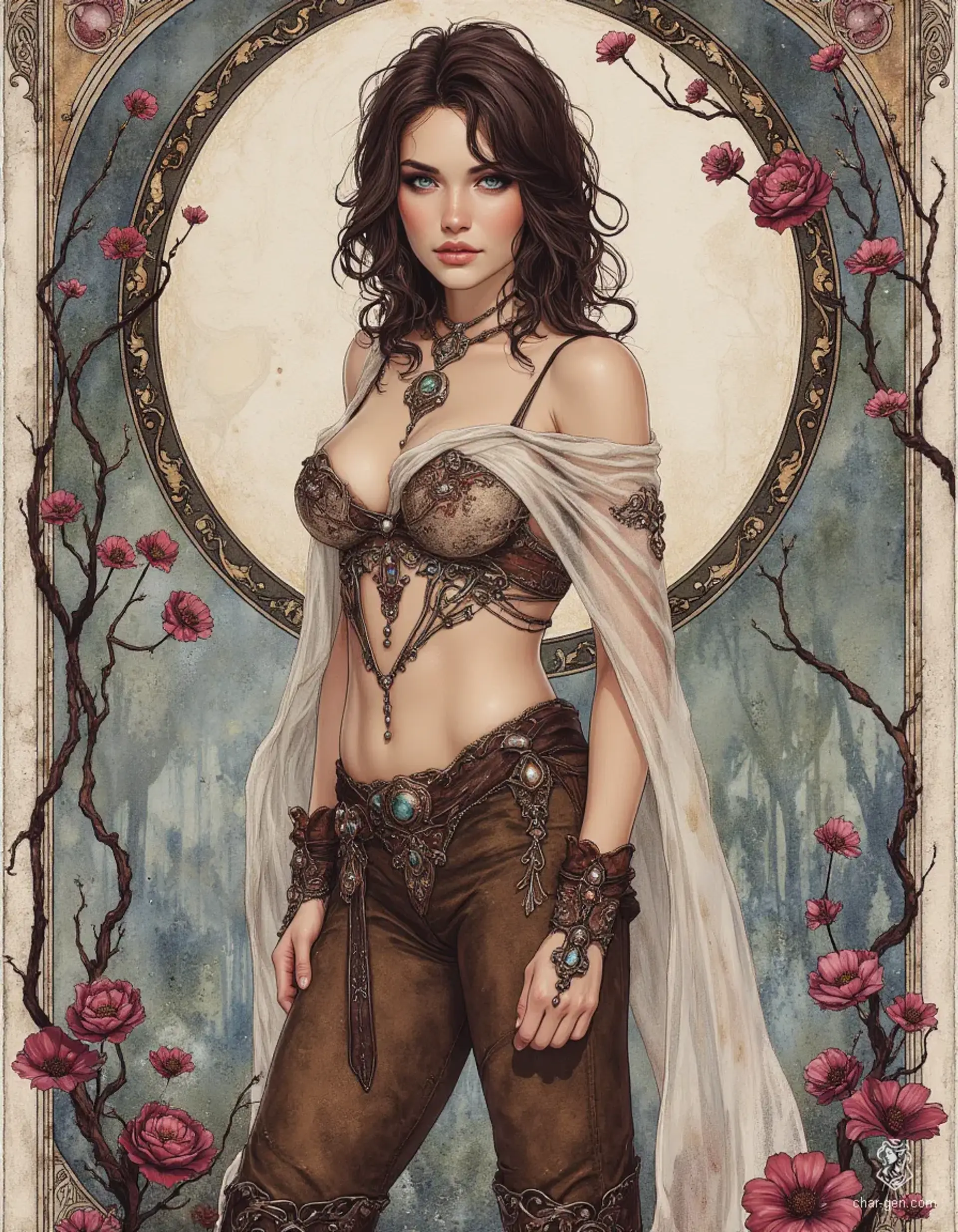 Meave is a captivating druid with a slender, athletic build and earthy charm. Clad in rugged medieval clothing, her white tunic and durable leather pants highlight her confident beauty. With intense cobalt blue eyes, dark wavy hair, and a calm demeanor, she embodies resilience and nature's wisdom, ever watchful in the haunting forests of Ravenloft.