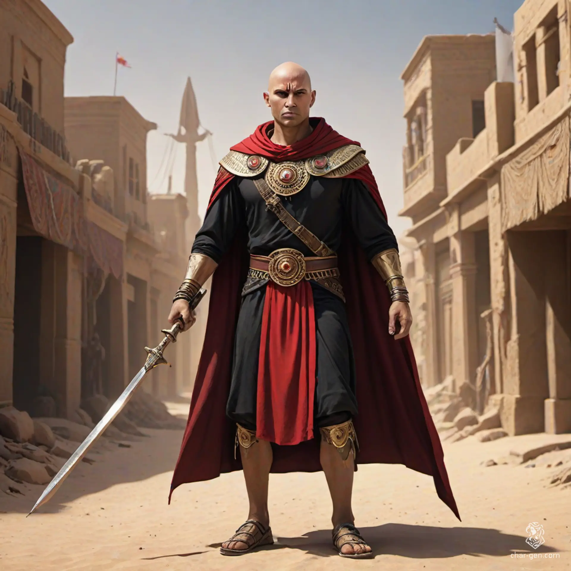 In a sun-scorched desert town, a bald Egyptian warrior dons a shimmering mithril chain shirt beneath a flowing black and red cape. Wielding a formidable spear, he navigates the shadows of his chaotic world, a stark figure from a 70s dark animated tale.