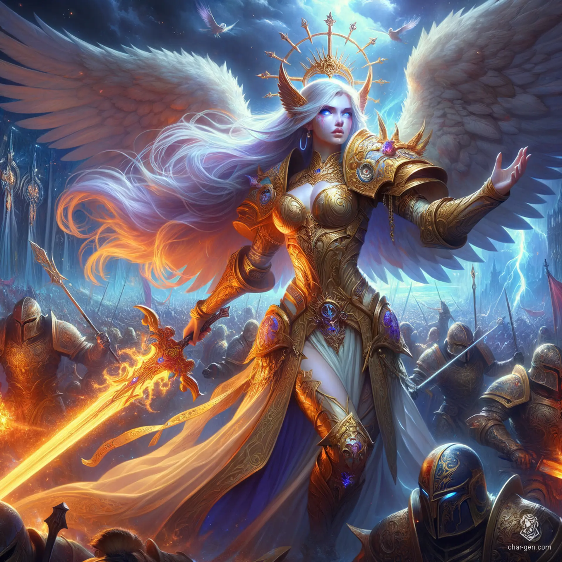 A dignified female aasimar paladin with fair skin and long hair, exudes a holy, angelic aura. Her unusual colored eyes gleam as she outstretches her arm, aiming her sword toward the enemy, ready to protect with unwavering resolve.