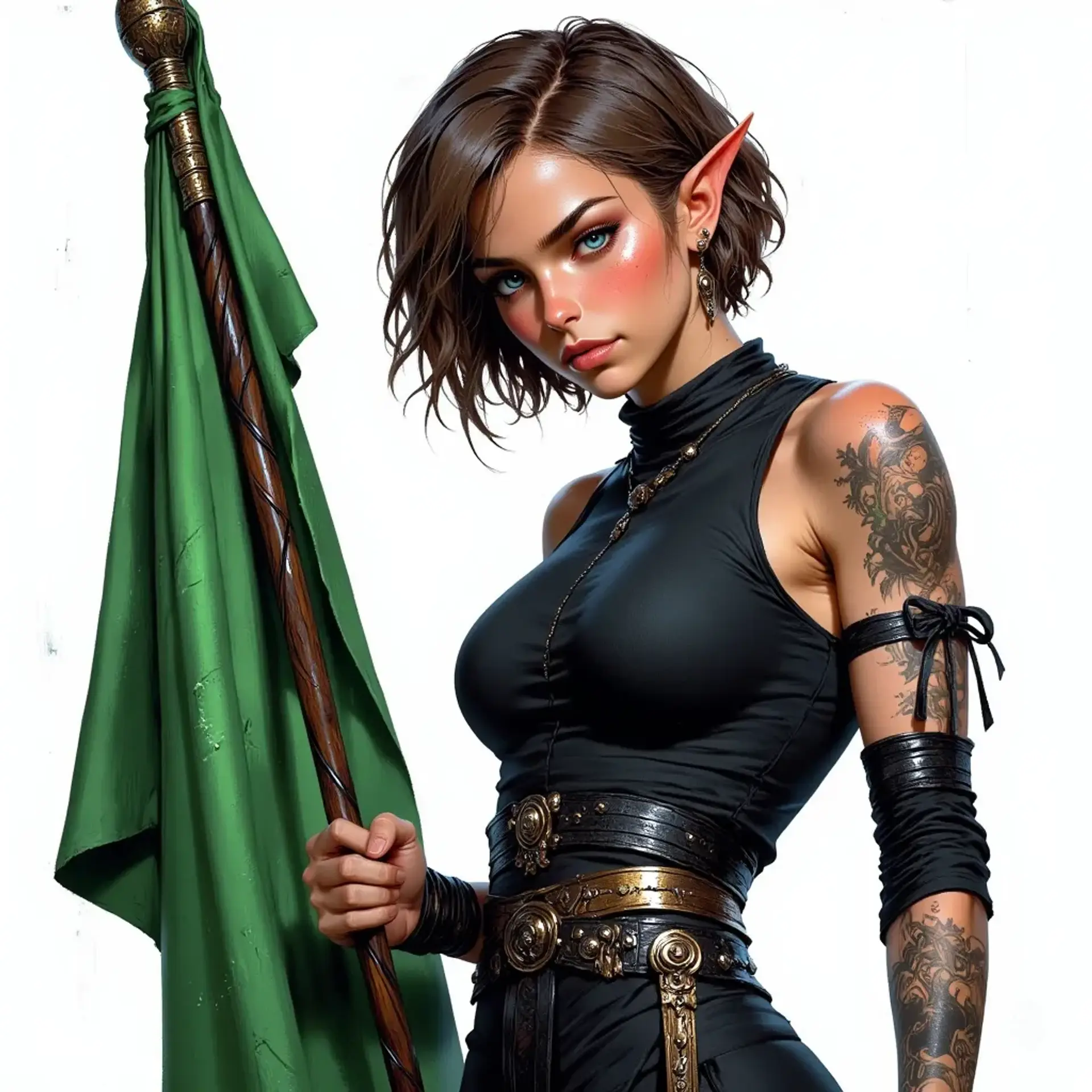 An attractive middle-aged elf monk, around 30, exudes wisdom with her tired blue-eyed gaze. Short brown hair frames her face, adorned with faint arm tattoos. Clad in fitted black monk attire revealing her midriff and leg ribbons, she holds a vibrant green flag, embodying a fierce resilience.