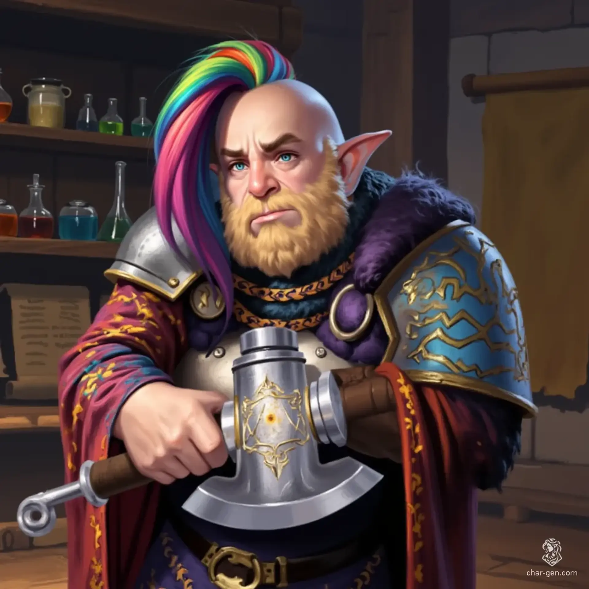 Asa Goldspine is a rugged, light-skinned dwarf artificer with intricate goggles and an array of mechanical devices. With a big beard and rainbow-colored hair, she wields a sturdy mace and a radiant warhammer, dressed in a vibrant, intricately detailed robe. Though not physically strong, her exceptional intelligence and hardy nature make her a formidable battlesmith.