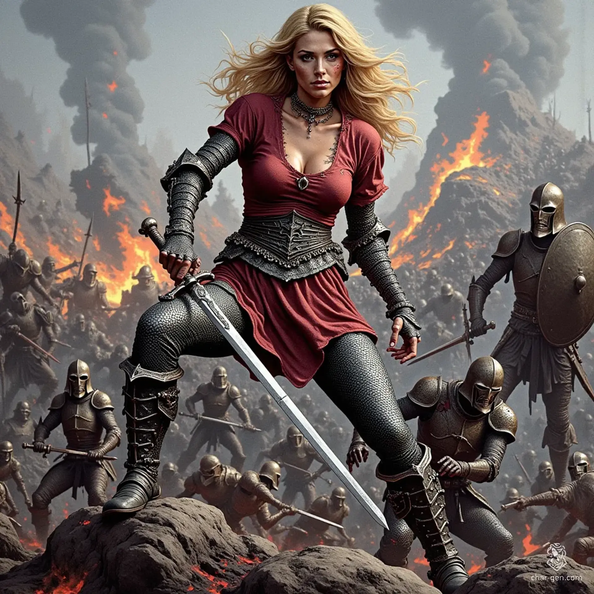 Amidst a smoldering battlefield, a fierce female knight rises. Her shoulder-length wavy blonde hair and ash-dusted skin scream battle-hardened strength. Clad in shining chain mail and regal red, she triumphs over foes, her noble greatsword embedded in a fallen enemy, radiating raw power amidst chaos.
