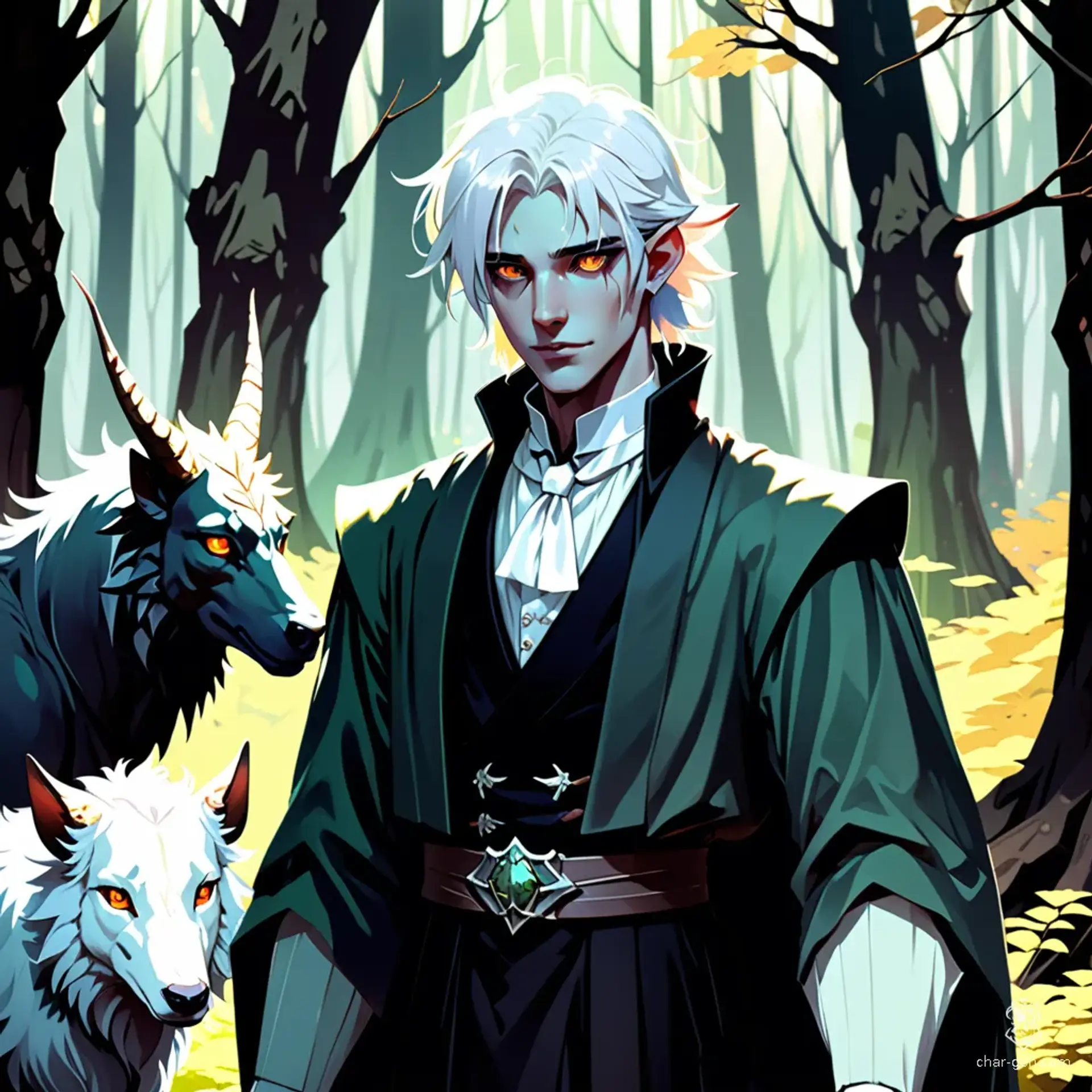 A pale, ethereal druid butler, he embodies the harmony of nature with bright white hair and colorless eyes. His distinct white skin serves as a canvas for earthy elements, while his animal companions reflect his deep connection to the wild, blending elegance with primal instinct.