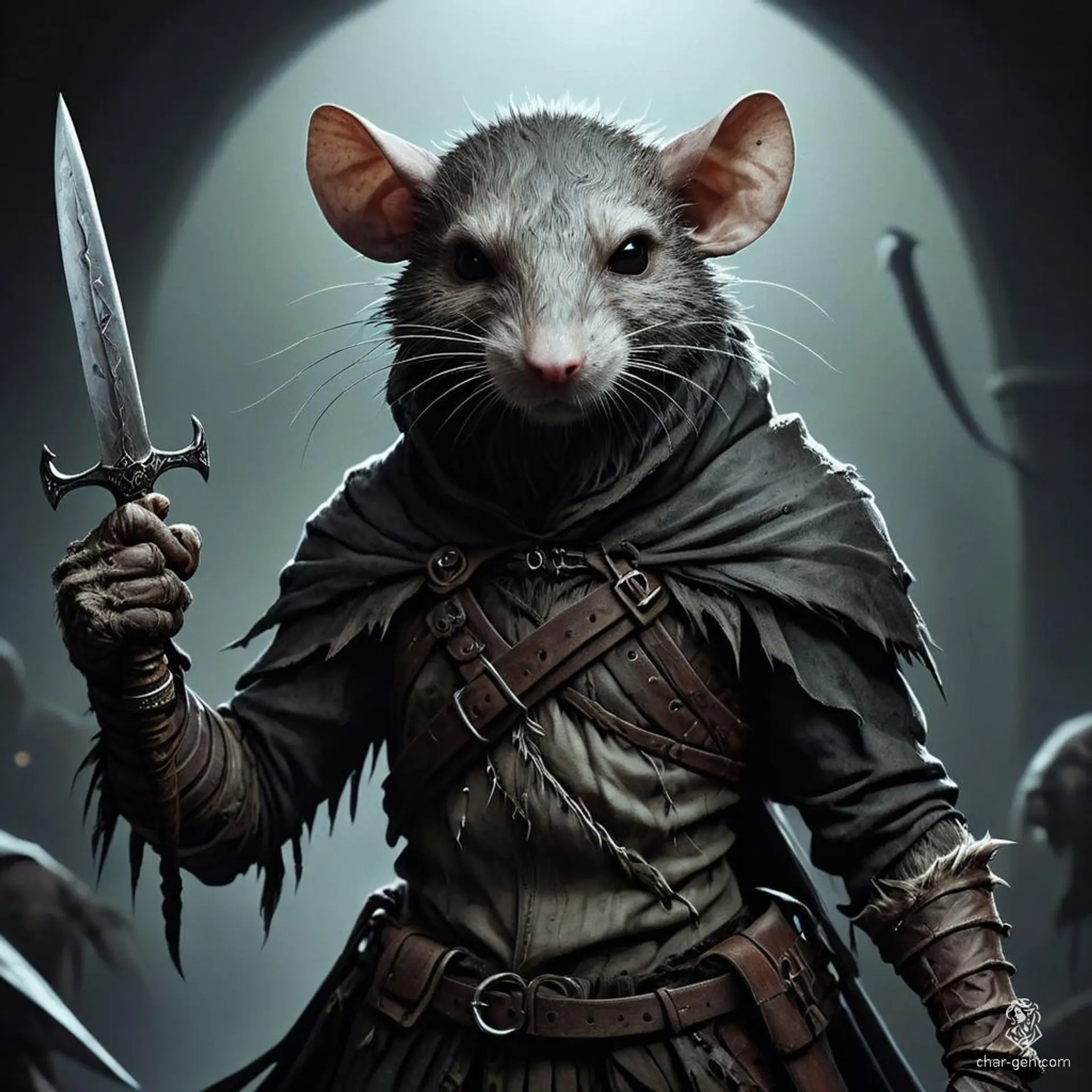 A nimble ratfolk rogue, this anthropomorphic rat-like humanoid sports a whiskered face, keen rat ears, and a stealthy demeanor. Swift and light-footed, they excel in covert operations and cunning escapes.