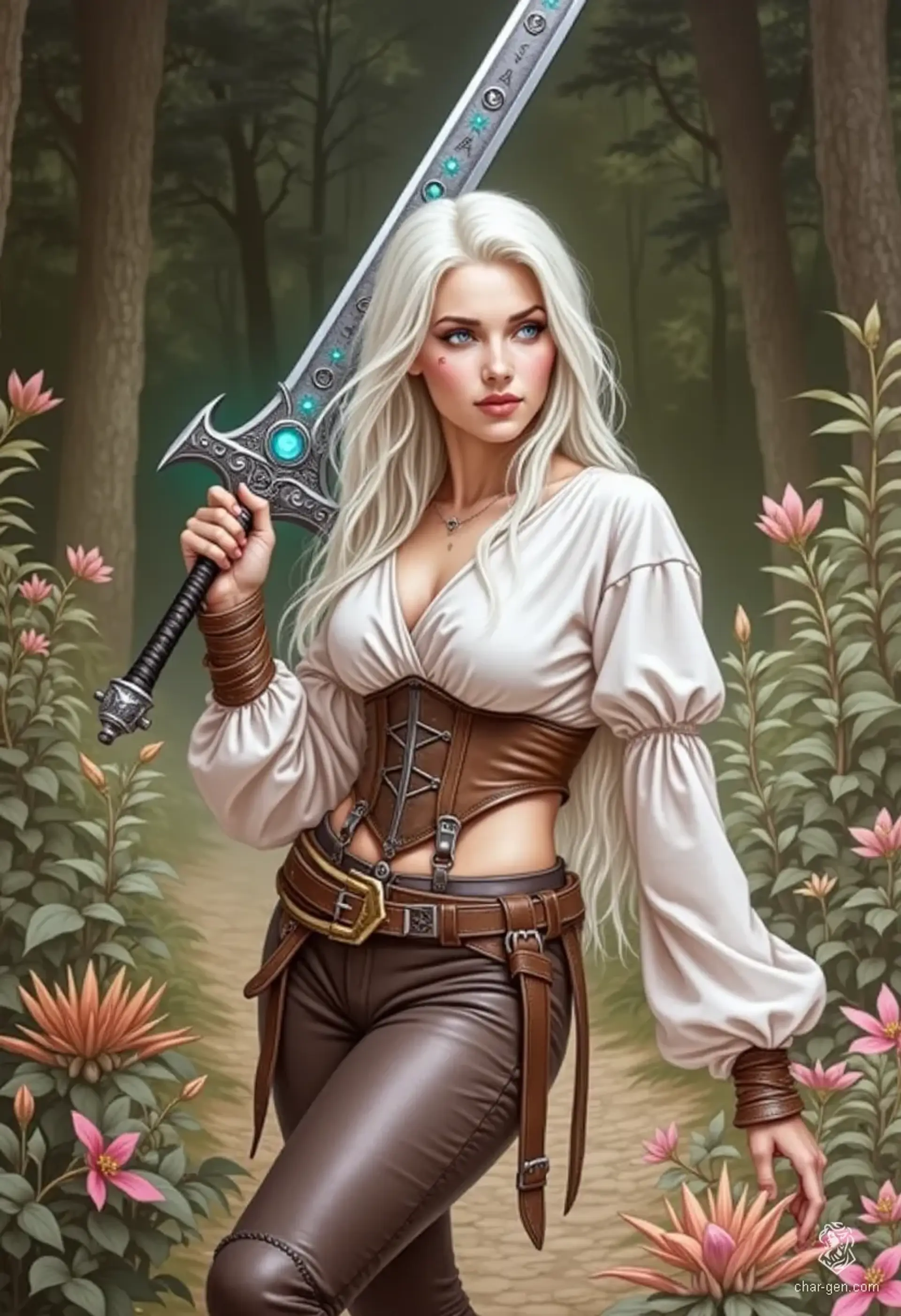 Rheanne is a stunning young woman, radiating ethereal beauty with her long, pure white hair and captivating greyish-blue eyes. A scar beneath her left eye adds a hint of mystery. Dressed in a flowing white blouse, leather corset, and fitted brown pants, she wields an ornate broadsword that glows with arcane runes.