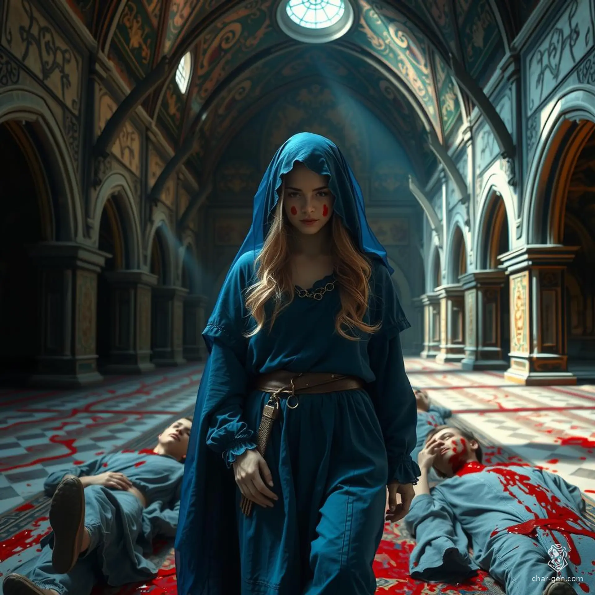 A sorrowful 18-year-old blonde girl in ragged blue robes and a transparent veil walks amid four motionless figures. With red juice smeared on her face, she traverses a medieval scene, her sadness palpable as she moves past those who lie still, similarly marked.
