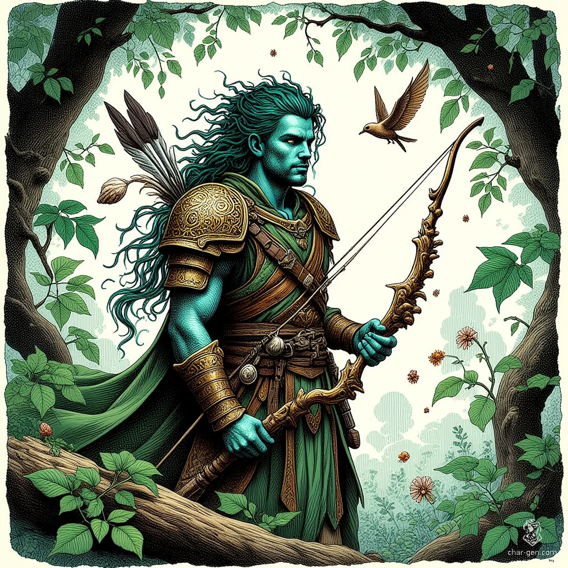 A male Triton ranger, effortlessly blending ocean and forest, dons sea-leather armor adorned with leaves and feathers. With kelp-green hair and sharp, wise eyes, he wields a driftwood bow intricately carved with waves. Surrounded by mist and vines, he embodies the serene harmony of nature.
