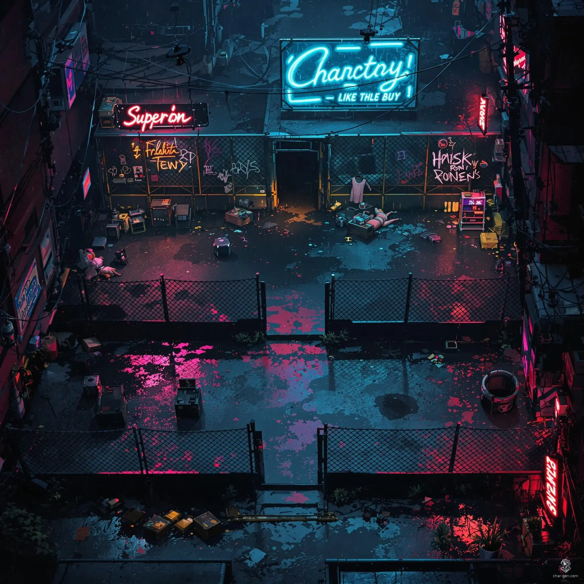 This cyberpunk stable complex pulses with neon gloom and hidden threats. Ruined fences offer escape paths, while tranquilizer darts and malfunctioning surveillance create opportunities for stealth or ambush. Watchful cyber-hounds guard secrets amid scattered tools and the remnants of recent violence.