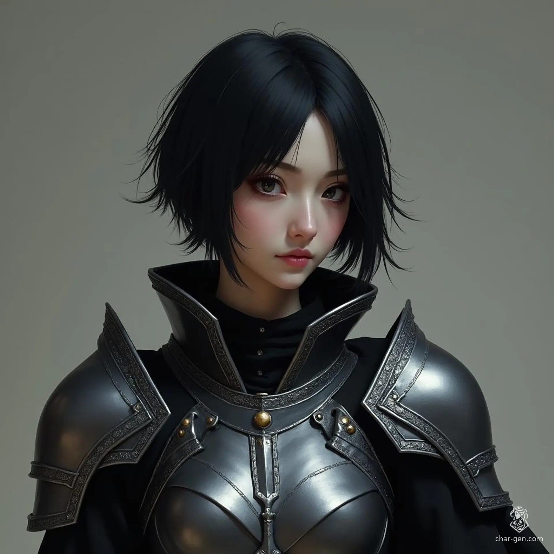 Nythra, a striking female shadar-kai elf, commands attention with her short raven black hair and piercing coal black eyes. Clad in gleaming mithril full plate armor, she moves with an ethereal grace, embodying both shadow and light in a world of magic and mystery.