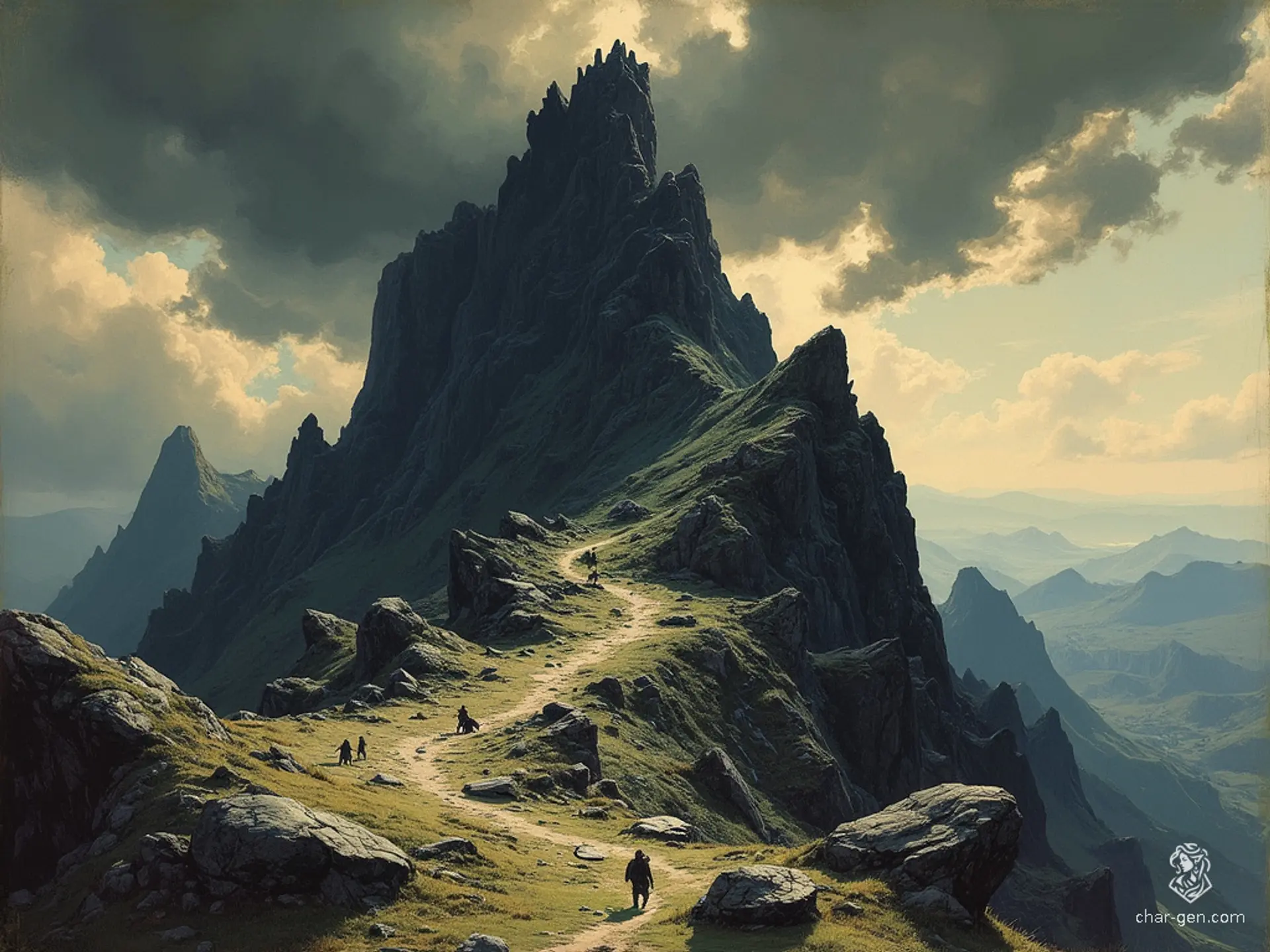 A barren, rocky hilltop juts from the untamed wilderness, cloaked in jagged boulders and craggy outcrops. Dark clouds churn above, casting the orc encampments at the summit in deep shadows and muted, oppressive hues, amplifying the sense of danger and foreboding.