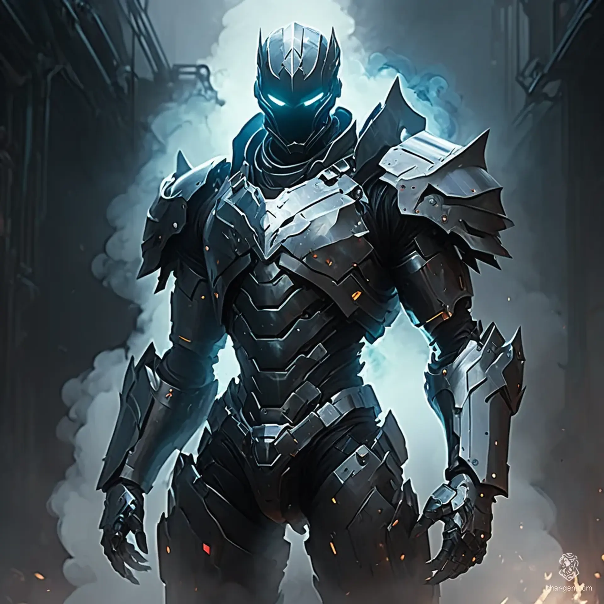 A haunting wraith clad in armor that shifts between steel and shadow, its chest and waist adorned with intricate designs. The dark, glowing void at its heart emanates drifting smoke, blending with mist, while its fierce spectral gaze captivates and ensnares all who dare to look.