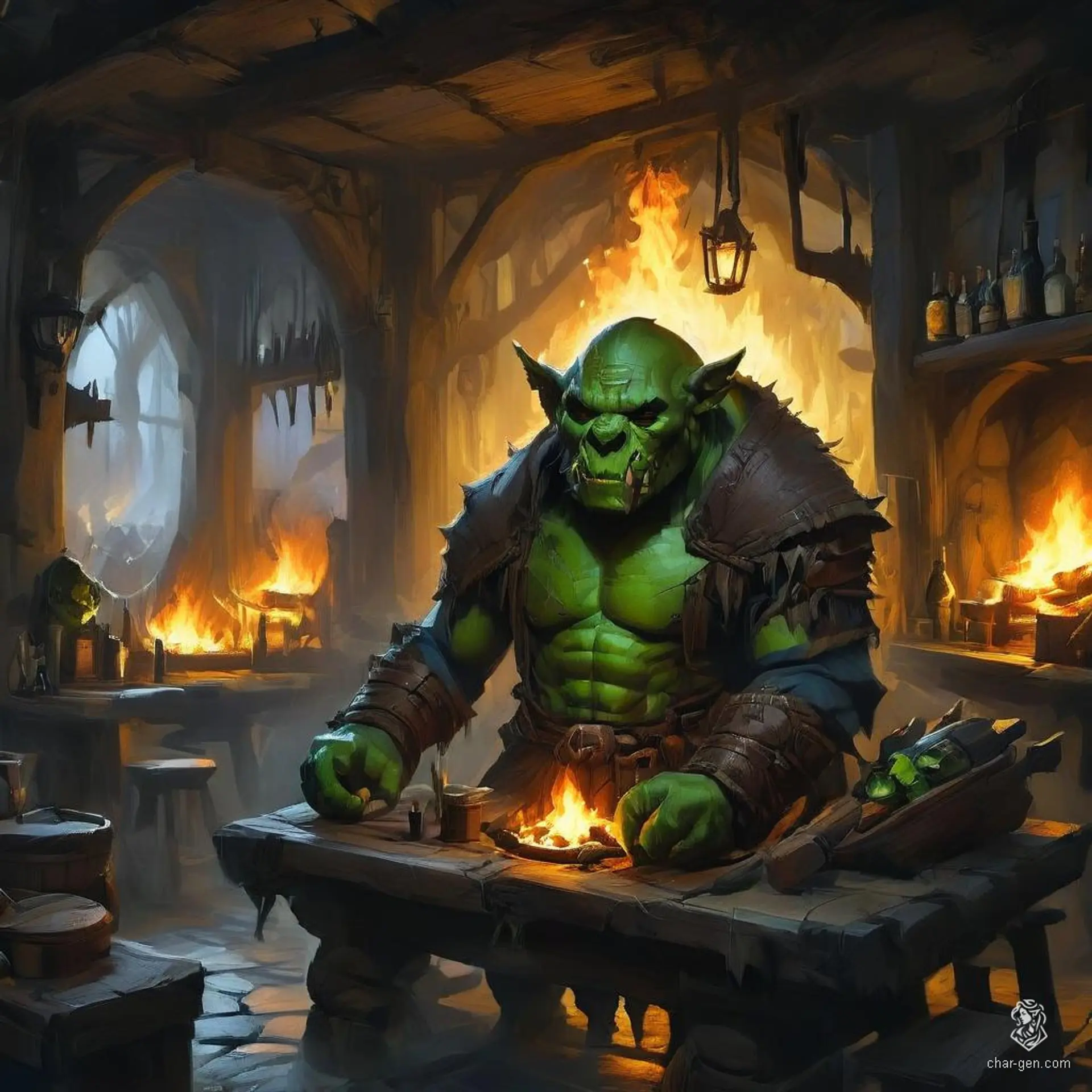 A half-human, half-orc innkeeper with a moderate build who skillfully manages a bustling tavern. Their green skin and prominent tusks blend with more human facial features, all framed by a bartender's apron as they serve patrons, oversee rooms, and ensure meals are hearty and satisfying.
