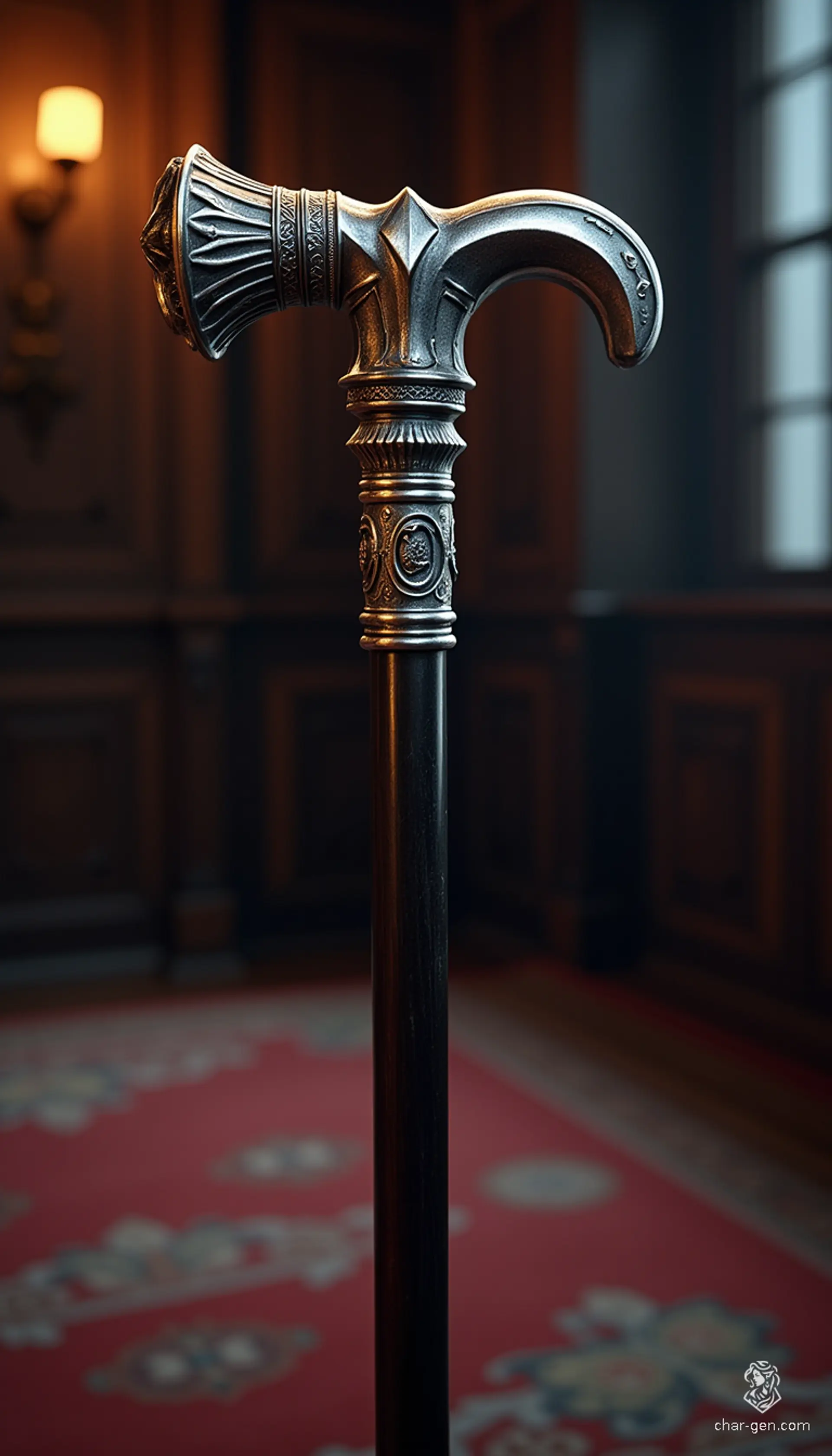 This exquisite walking cane, sculpted from polished ebony, stands 32 inches tall, exuding a refined elegance. Topped with a lustrous silver finial shaped like a hammer, it possesses the power to summon protective spirits. The engraved letter "C" hints at a long-lost lineage of magic and mystery.
