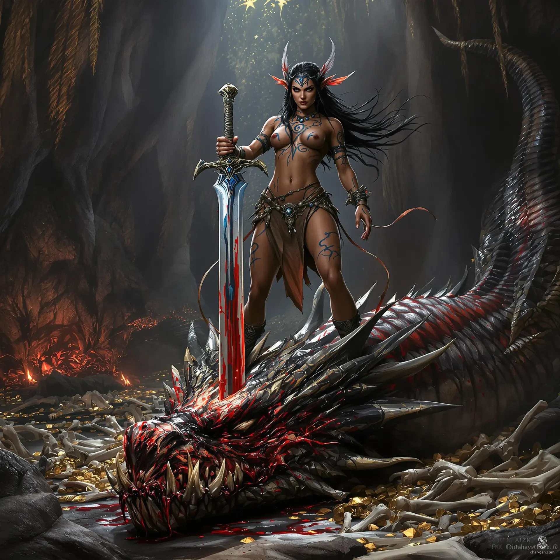 Yola'Aron is a formidable wood elf barbarian, standing 6'2" with tanned skin, jet-black hair adorned with beads and feathers. Scars and swirling blue tattoos mark her muscular frame. A former champion swordswoman, she embraces violence fiercely, driven by loyalty to her tribe and contempt for the weak.