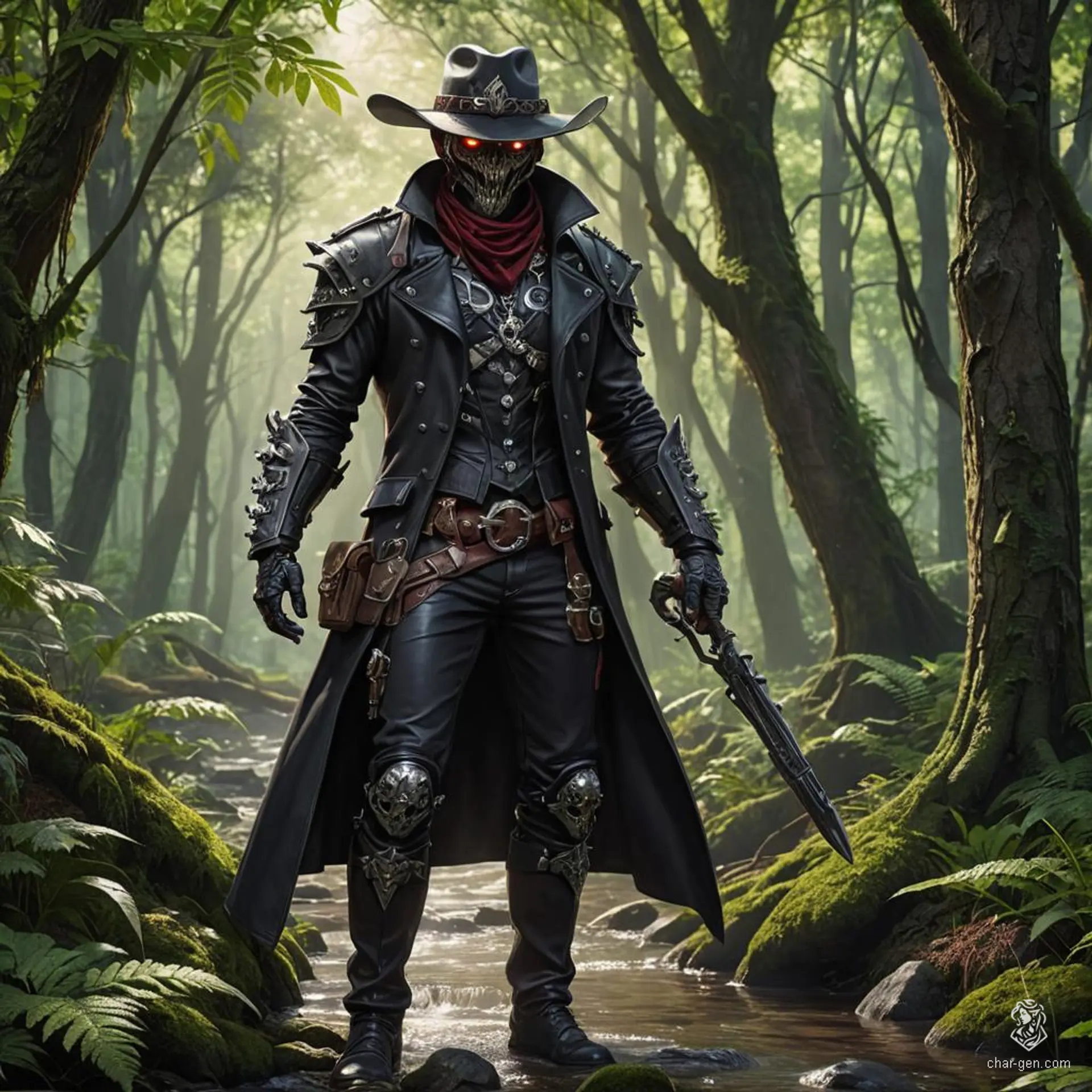 This slender dark-red-skinned hobgoblin mercenary, marked with black tribal tattoos and menacing red eyes, dons black and purple leather armor, accentuated by a black trenchcoat and cowboy hat adorned with metal skulls. Hired by an evil necromancer, this male bounty hunter, a ranger with unmatched aim, relentlessly tracks the heroes with his lethal gear.
