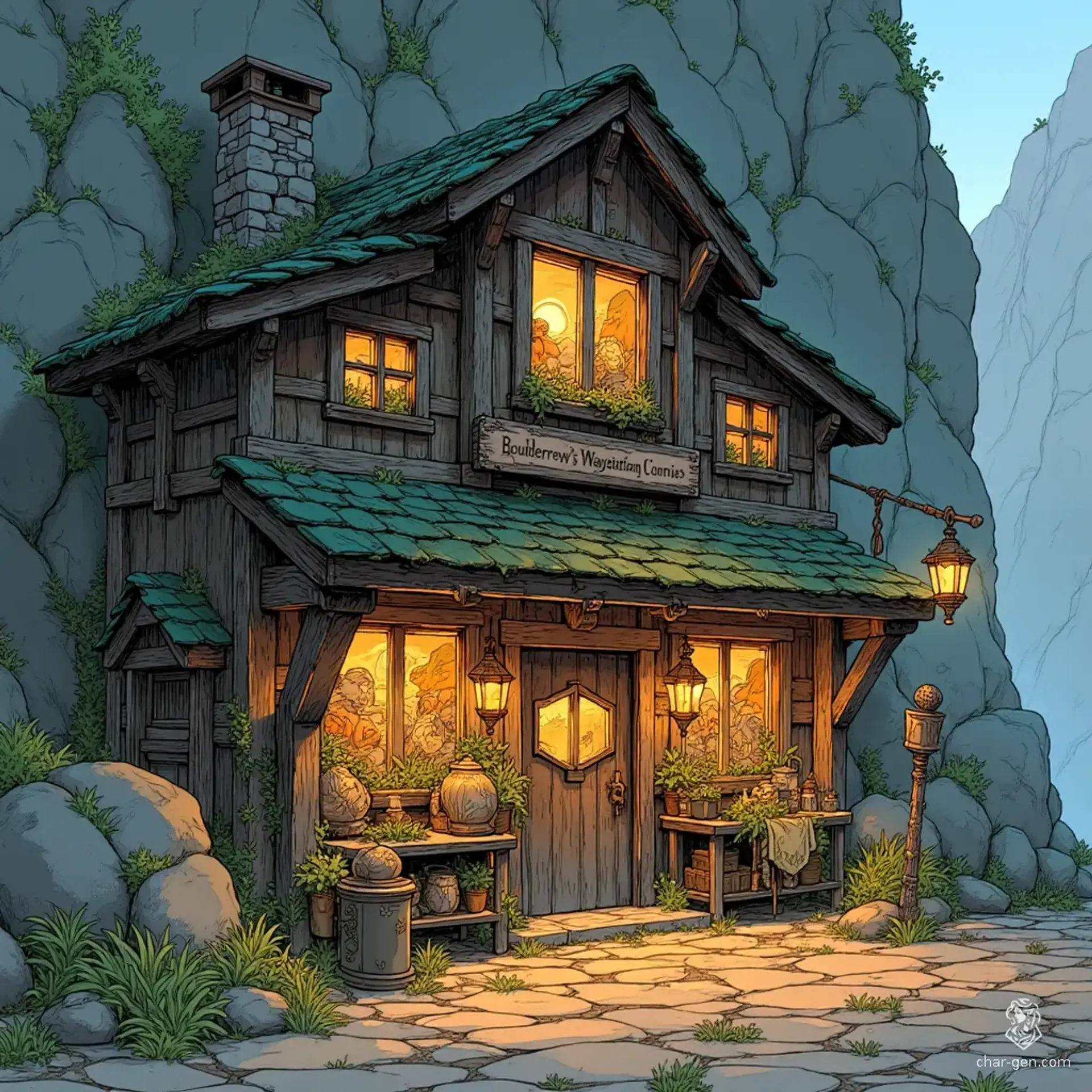 Boulderbrew's Waystation & Curios - AI-generated fantasy Shop