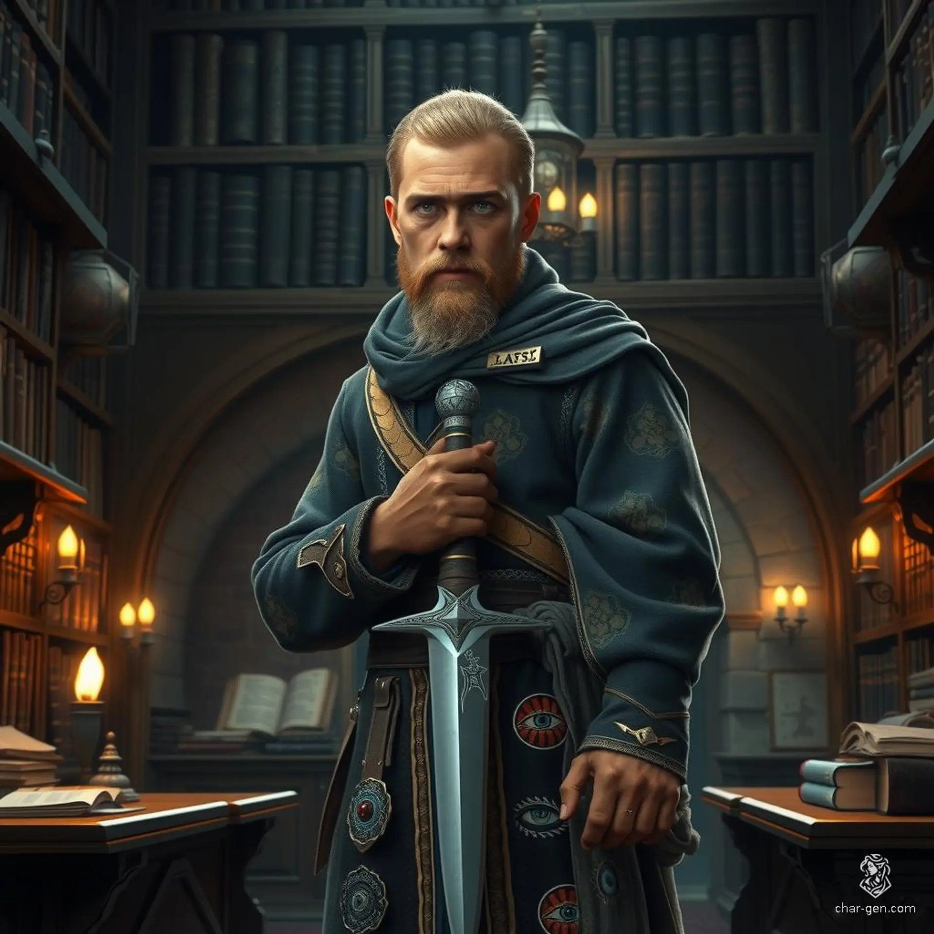 Klaus Von Kessel, a disinherited prince turned potent wizard, embodies magical prowess and wisdom. At 35, his fair skin and greying blond hair highlight his age prematurely, reflective of his burdens. Draped in subtly enchanted, unassuming attire, Klaus wields a dagger and a magical tome, dedicated to restoring stability to his war-torn nation.