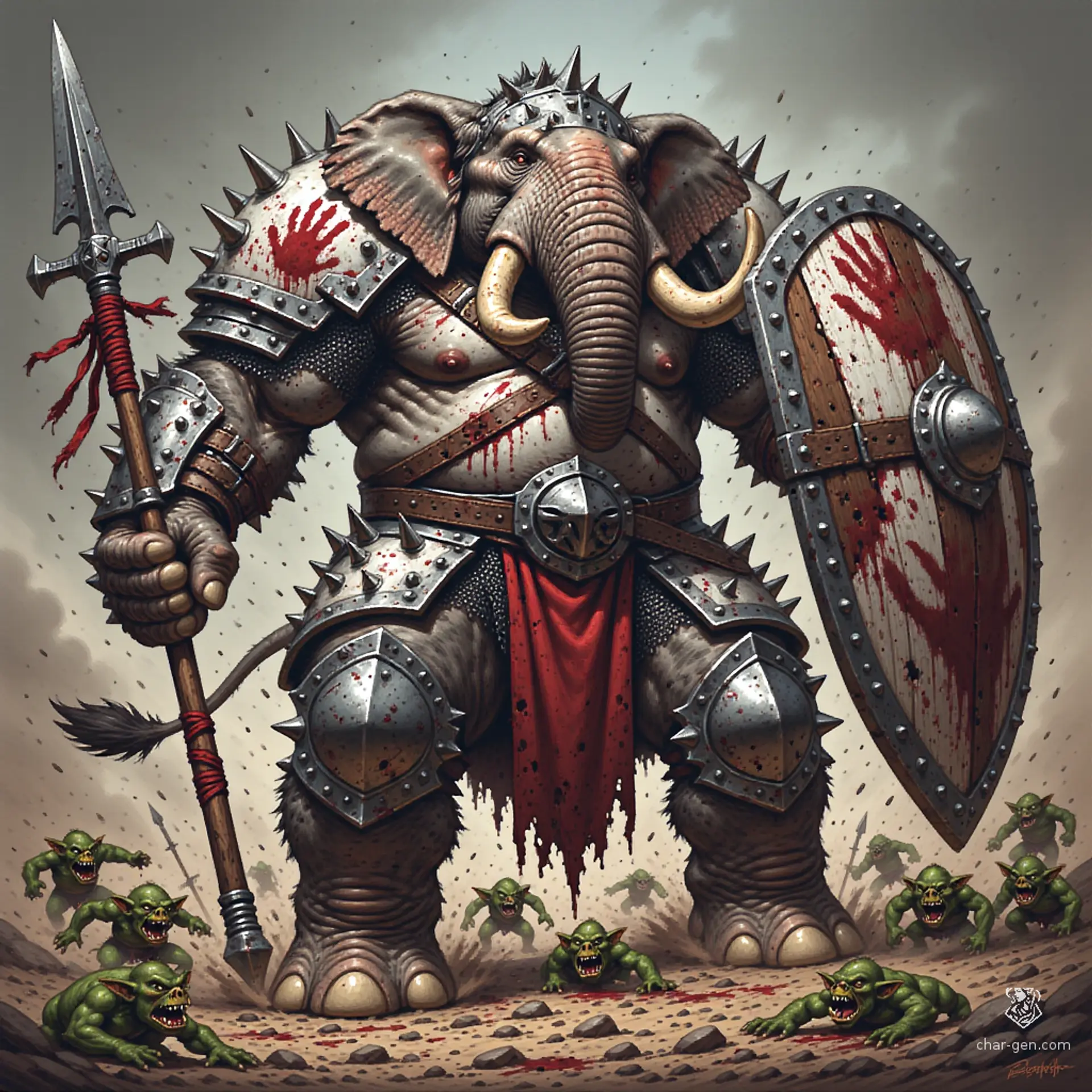 Towering loxodon with mottled, thick hide veined by red undertones and pitted scars. Broad, tusked muzzle and muscular trunk ringed with calluses. Heavy, jointed limbs end in padded, clawed feet; small, intelligent eyes glitter beneath folded brow and ragged ceremonial armor.