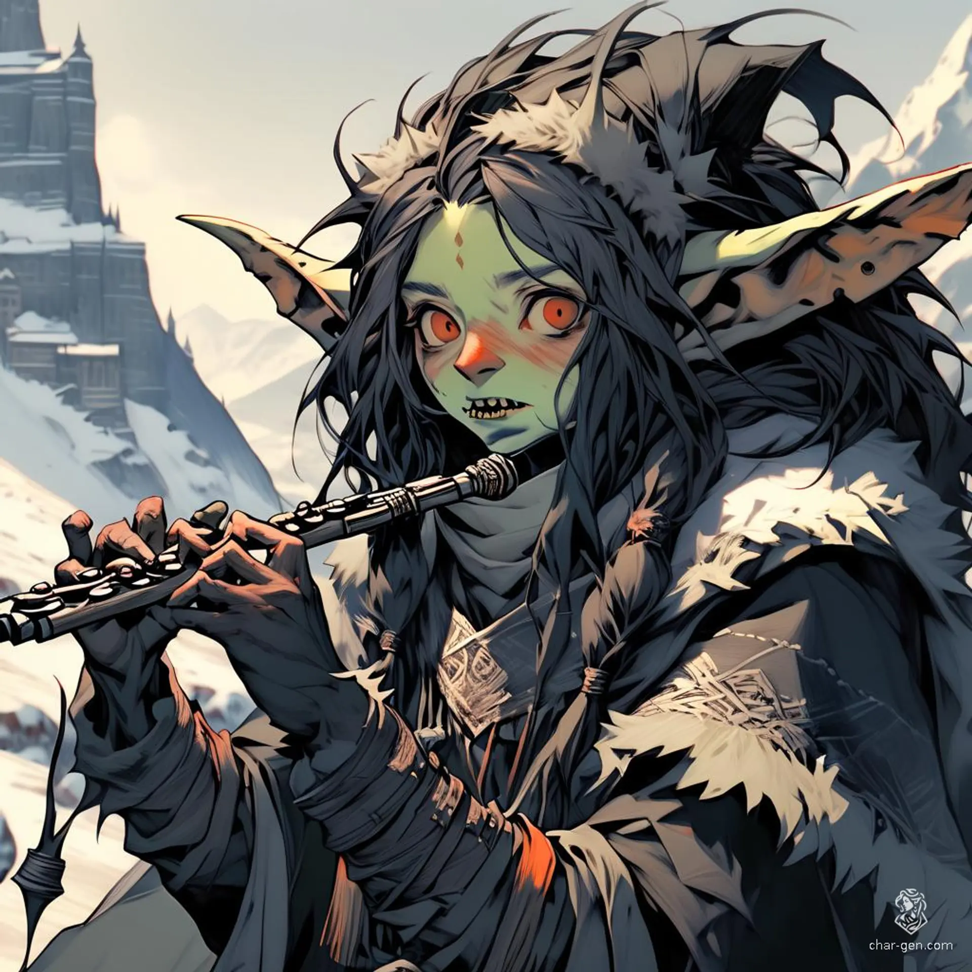 A charming goblin girl with long messy dark hair and freckles, dressed in winter furs, plays a flute in the snowy mountains. Her striking appearance combines with the serene music, creating a captivating, harmonious presence amid the icy landscape.